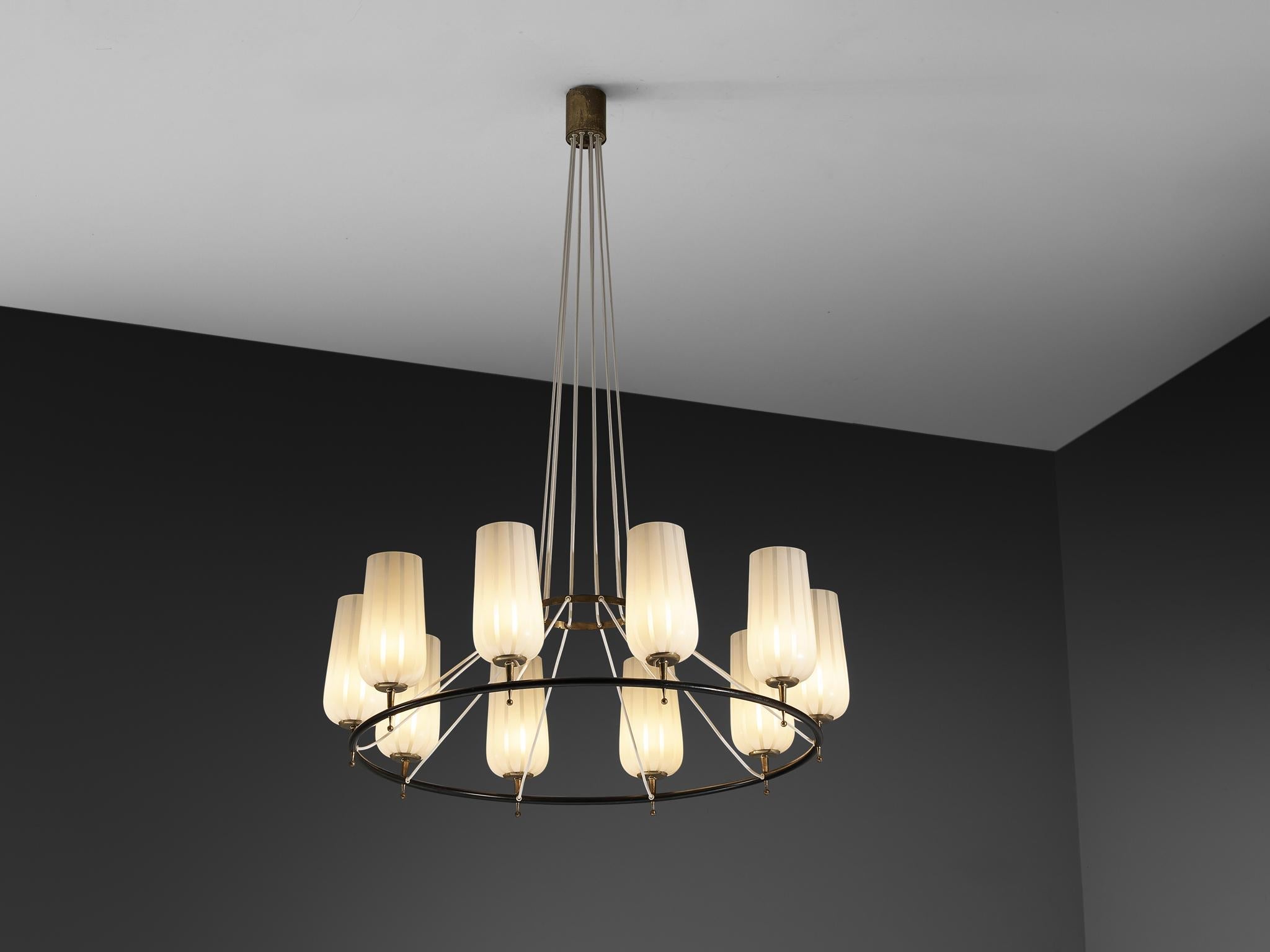 Mid-Century Modern Austrian Chandelier in Striped Satin Glass and Brass