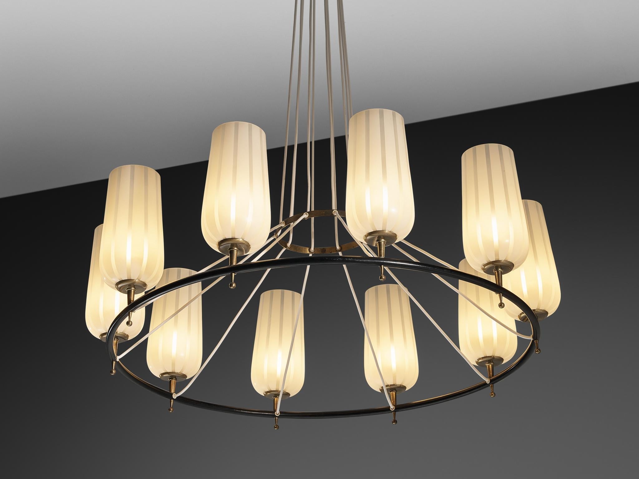 Mid-Century Modern Austrian Chandelier in Striped Satin Glass and Brass