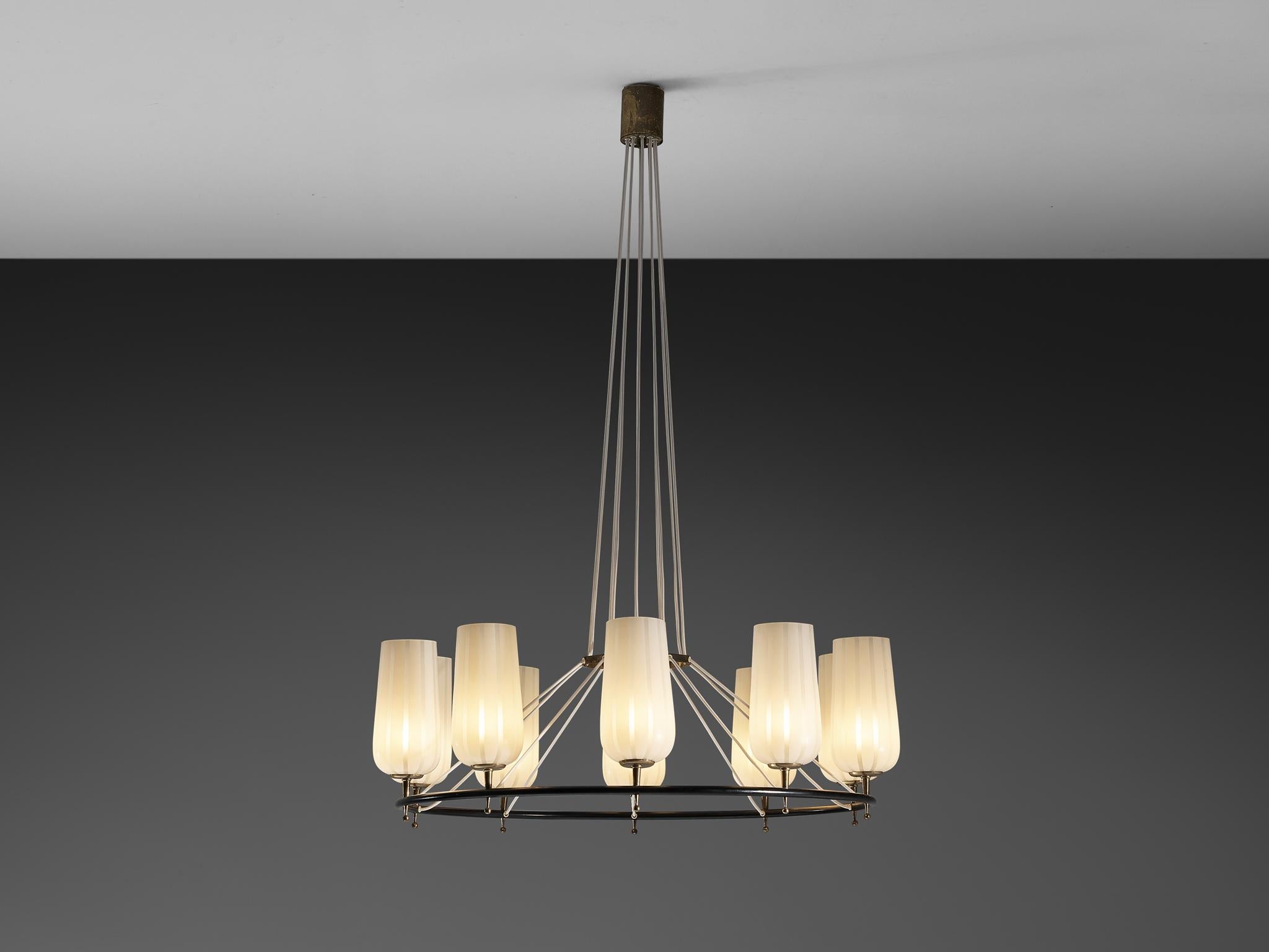 Mid-Century Modern Austrian Chandelier in Striped Satin Glass and Brass