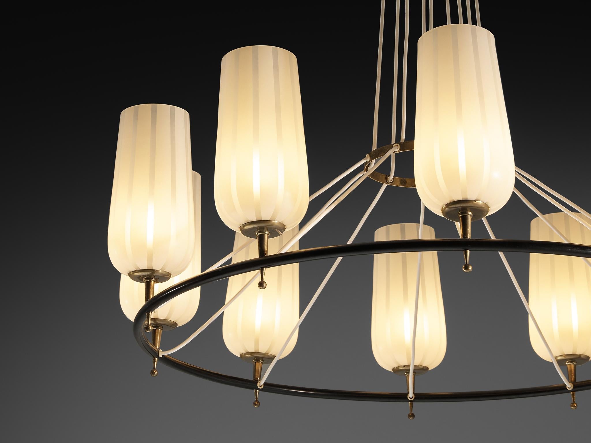 Mid-Century Modern Austrian Chandelier in Striped Satin Glass and Brass