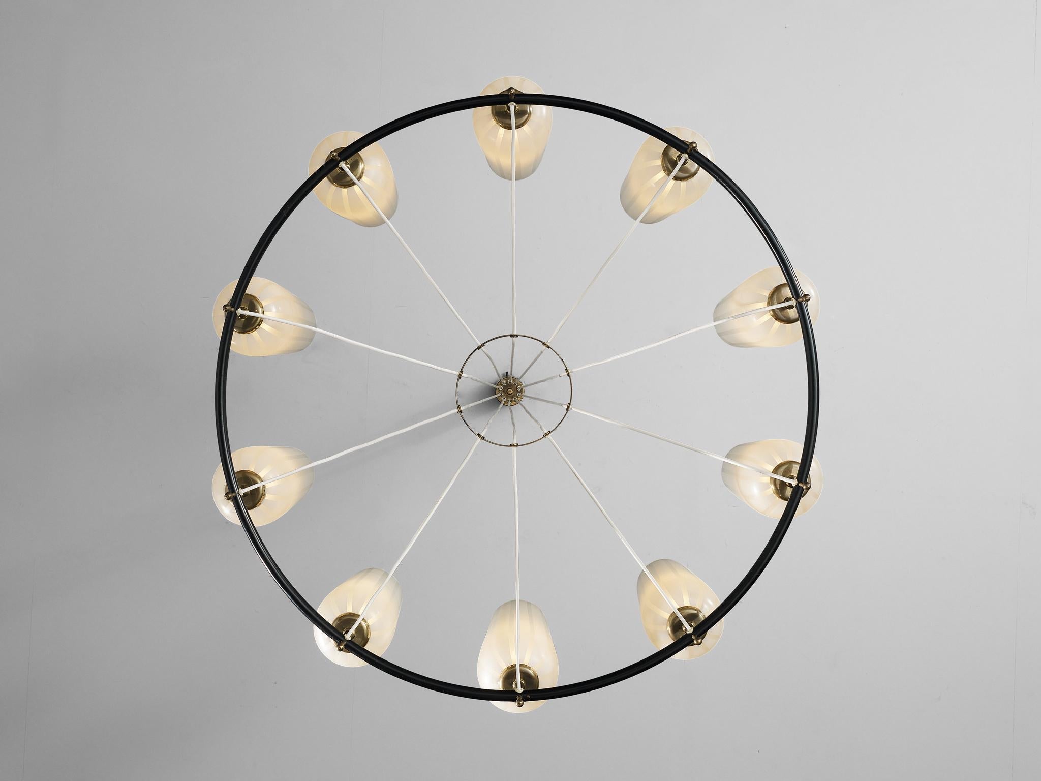 Mid-Century Modern Austrian Chandelier in Striped Satin Glass and Brass