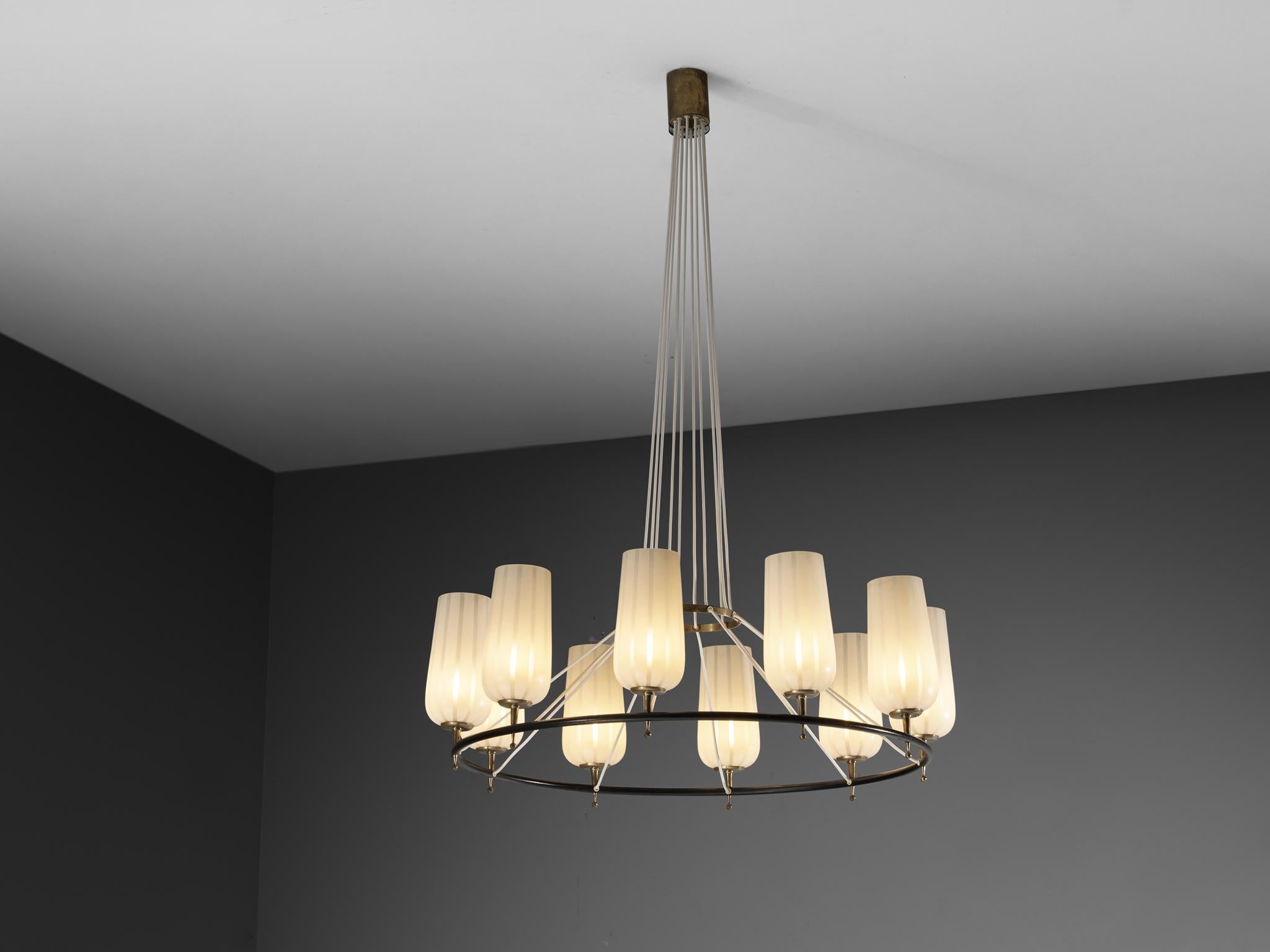 Mid-Century Modern Austrian Chandelier in Striped Satin Glass and Brass