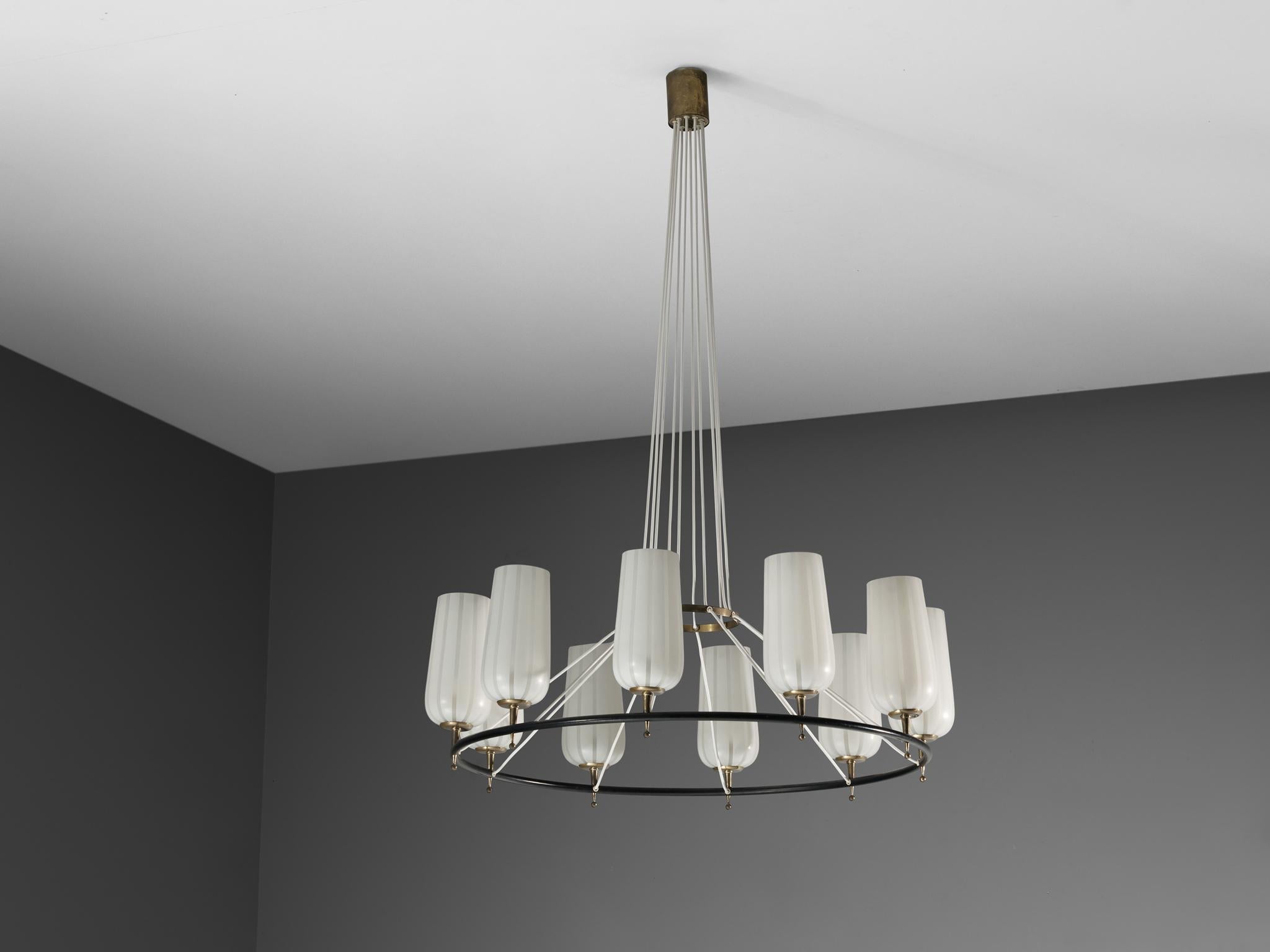 Mid-Century Modern Austrian Chandelier in Striped Satin Glass and Brass