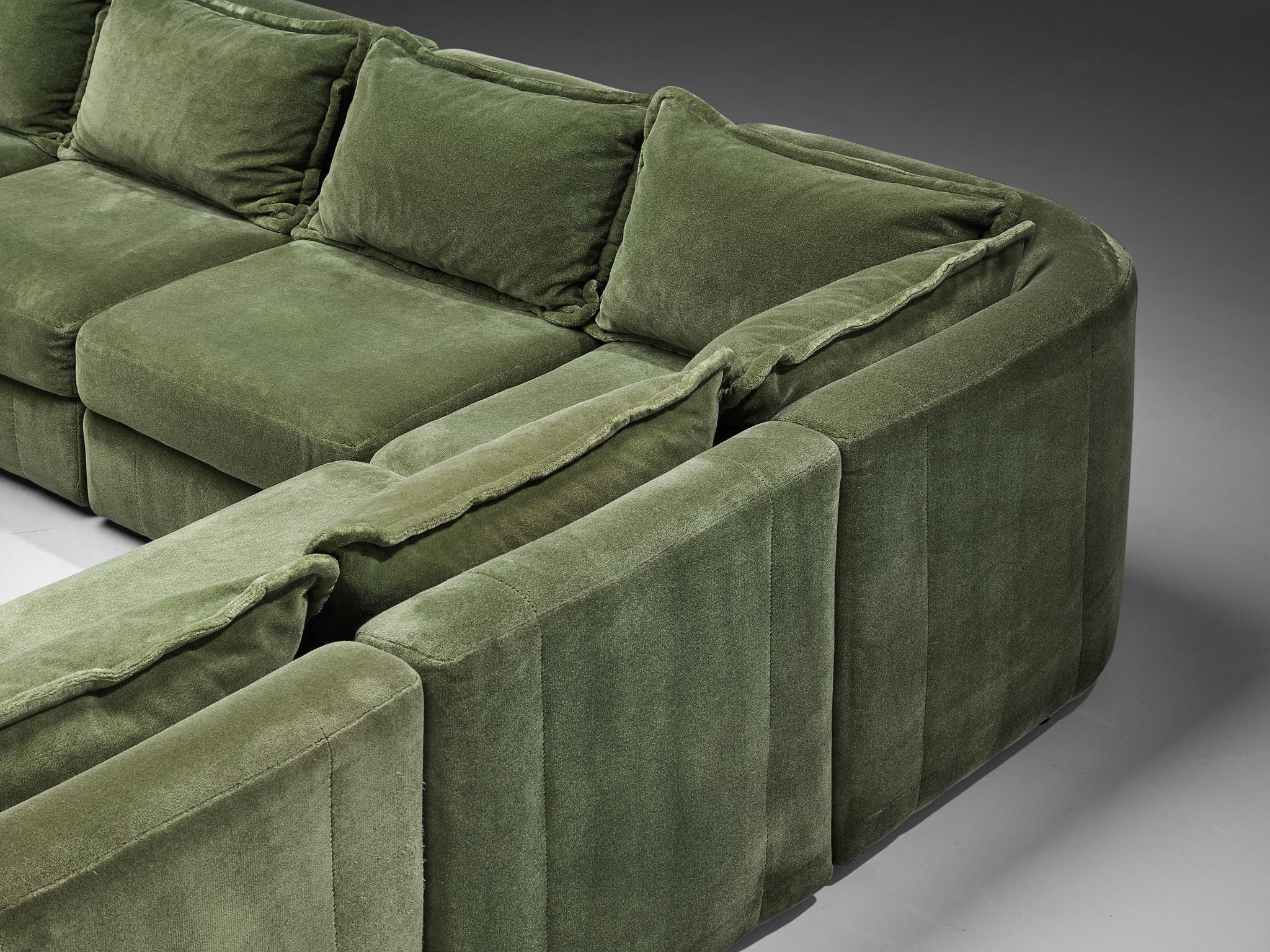 1970s Post-Modern Large Sectional Sofa in Green Velvet