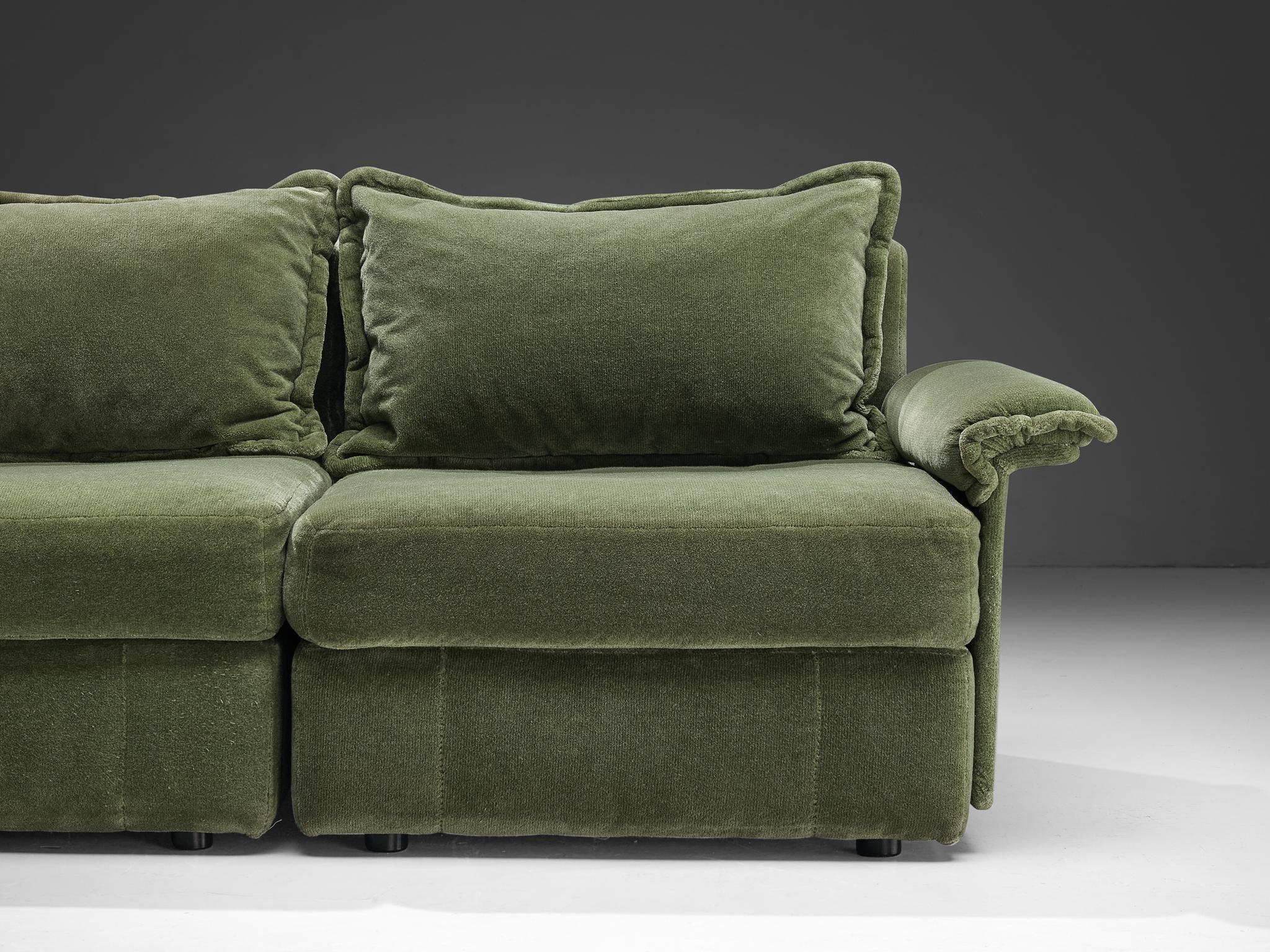 1970s Post-Modern Large Sectional Sofa in Green Velvet