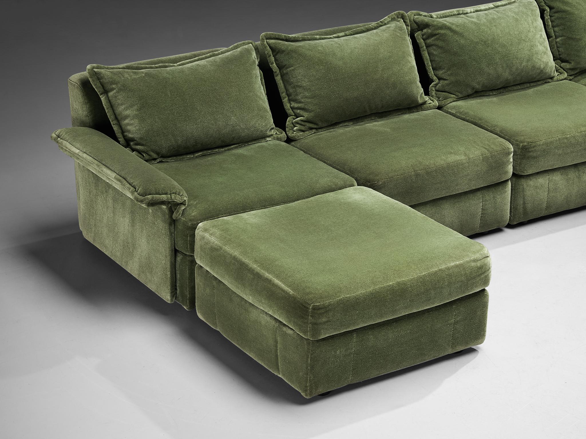 1970s Post-Modern Large Sectional Sofa in Green Velvet