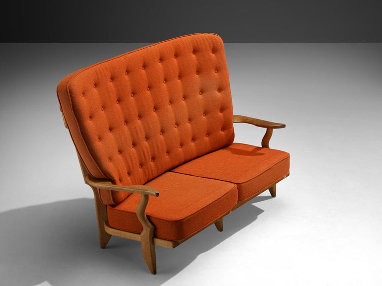 Guillerme & Chambron Grand Repos Sofa in Oak and Orange Upholstery