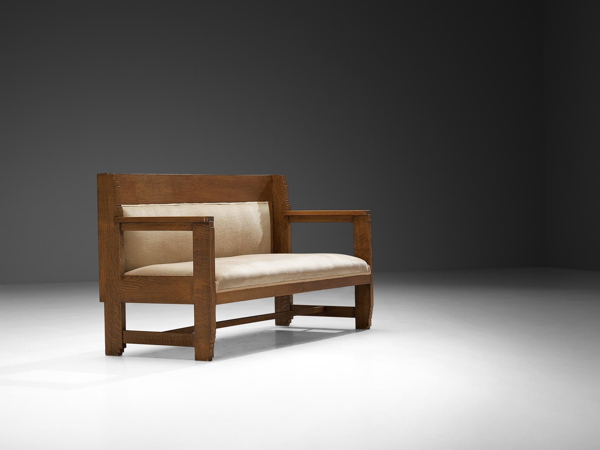 Haagse School Two Seat Bench in Oak and Beige Fabric