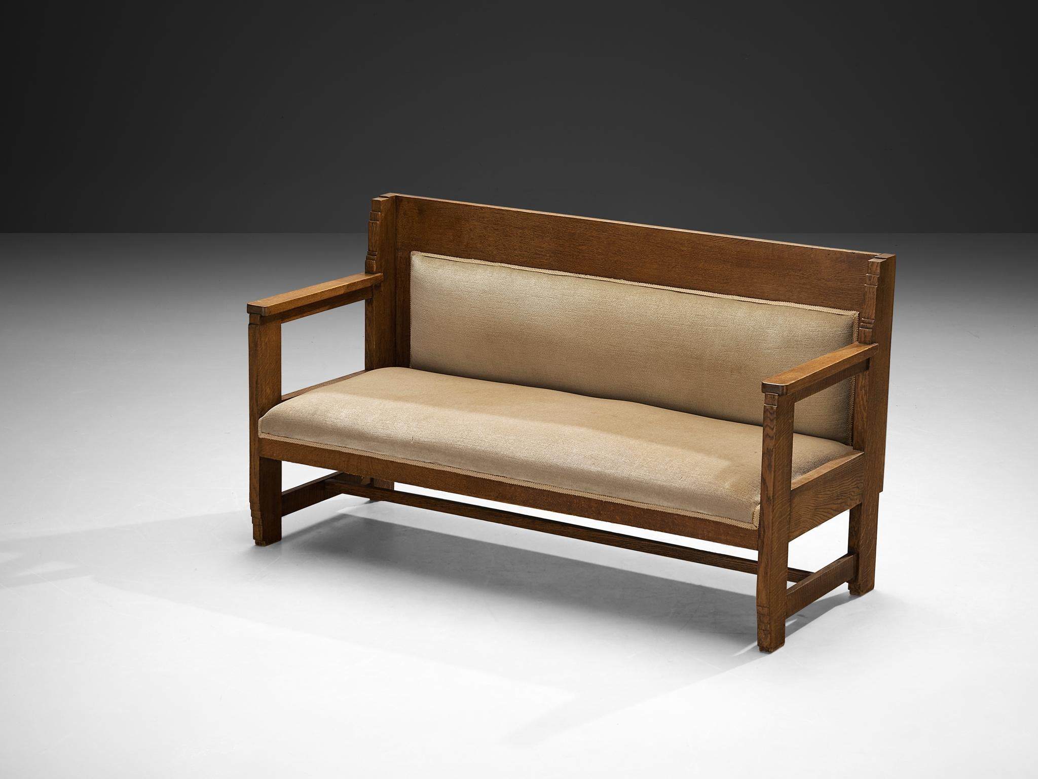 Haagse School Two Seat Bench in Oak and Beige Fabric