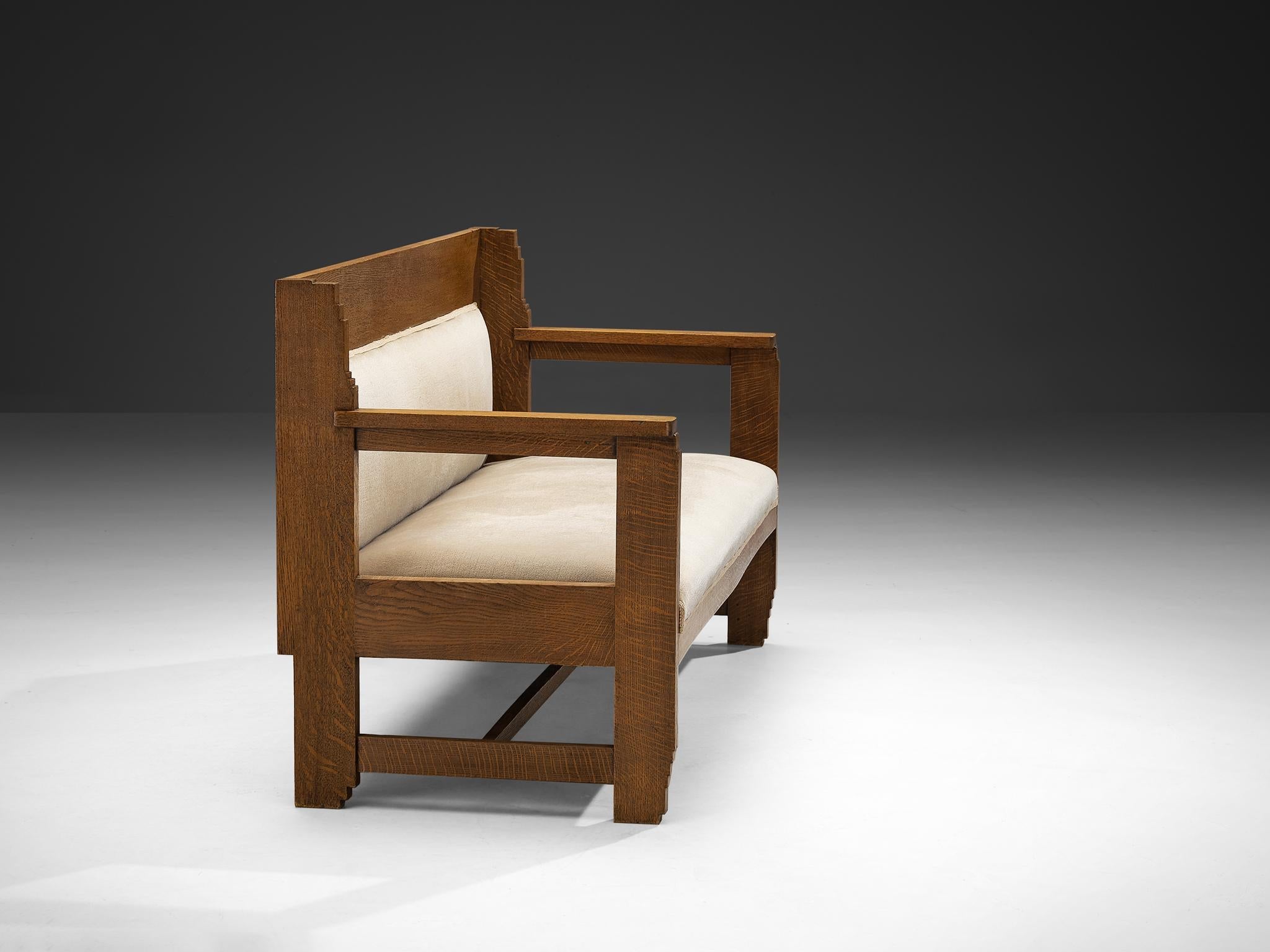 Haagse School Two Seat Bench in Oak and Beige Fabric