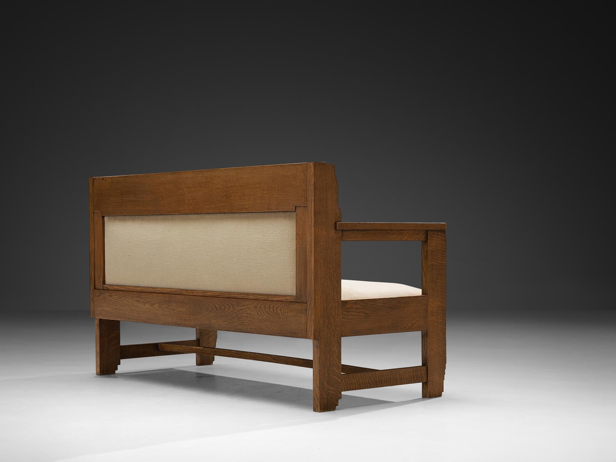 Haagse School Two Seat Bench in Oak and Beige Fabric