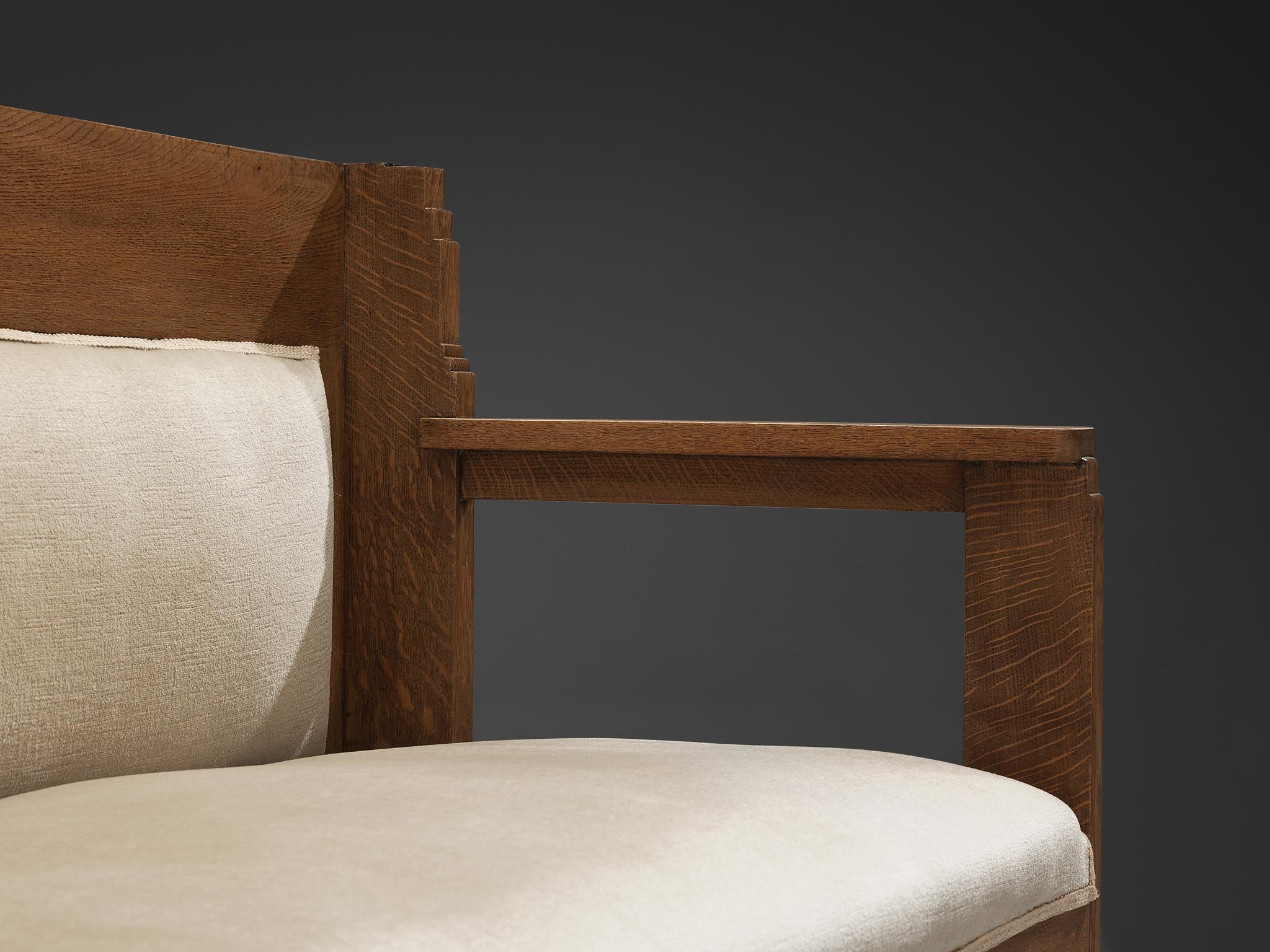 Haagse School Two Seat Bench in Oak and Beige Fabric