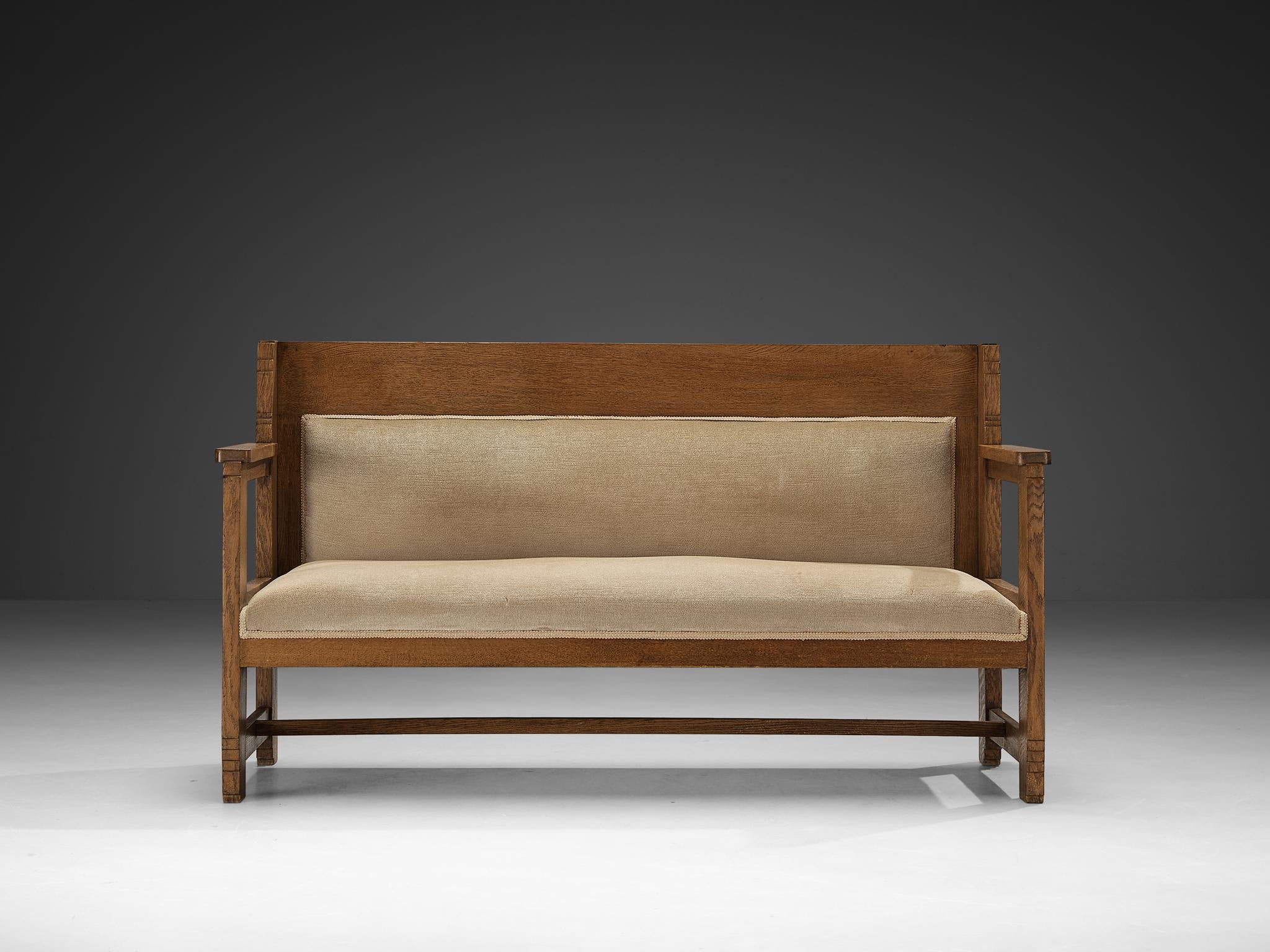 Haagse School Two Seat Bench in Oak and Beige Fabric