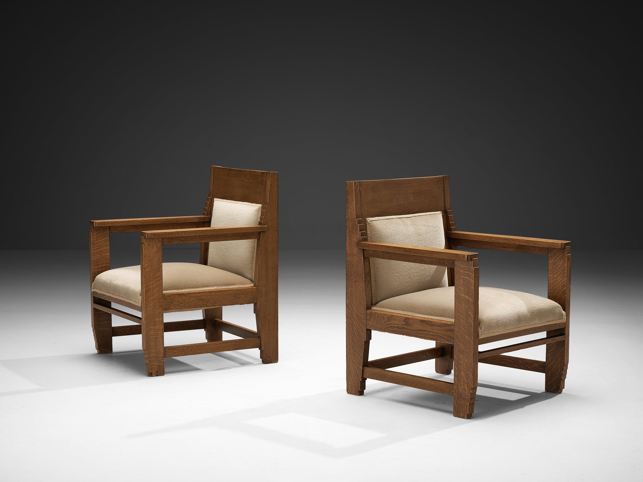 Haagse School Pair of Lounge Chairs in Oak and Beige Fabric