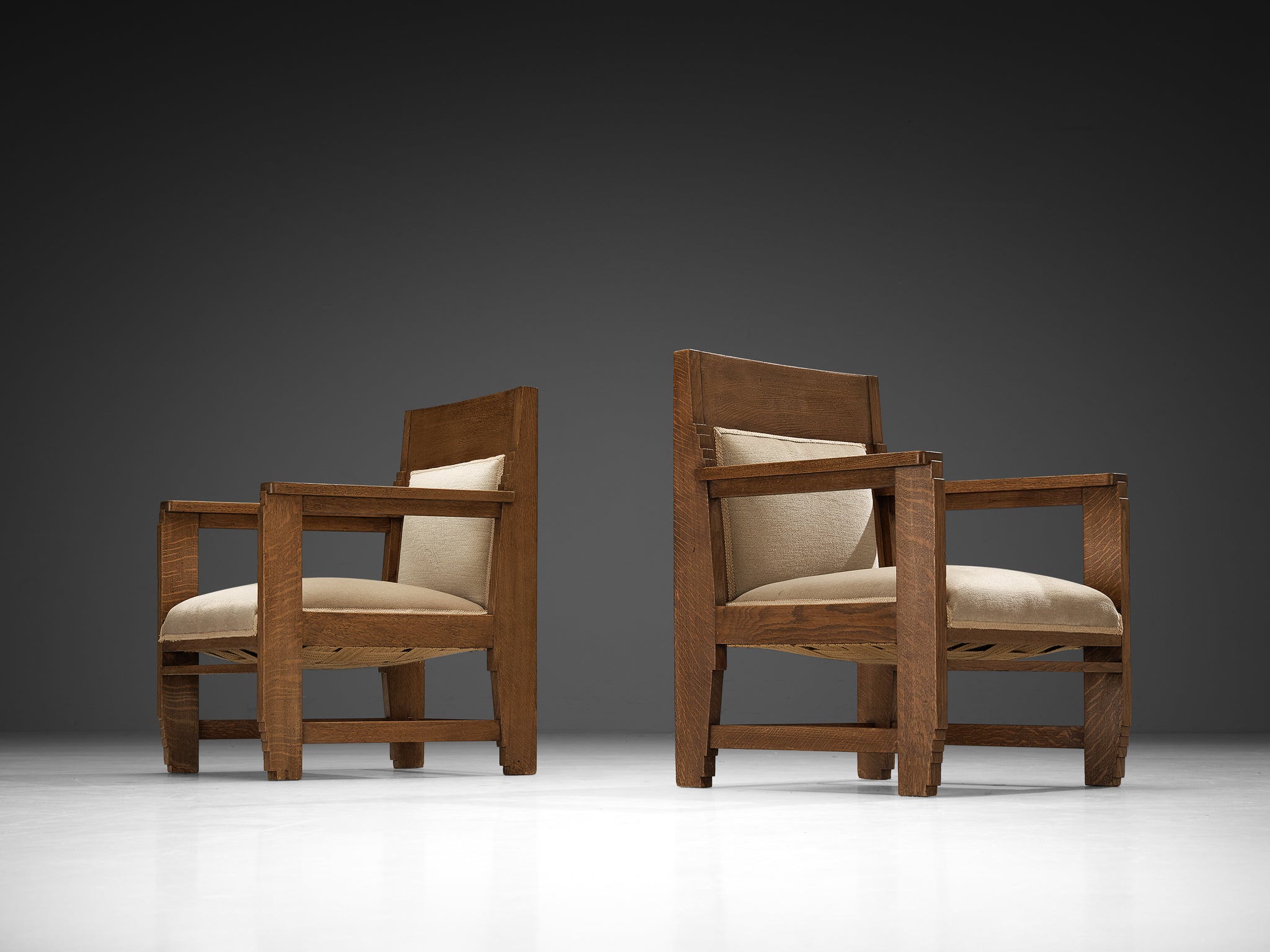 Haagse School Pair of Lounge Chairs in Oak and Beige Fabric