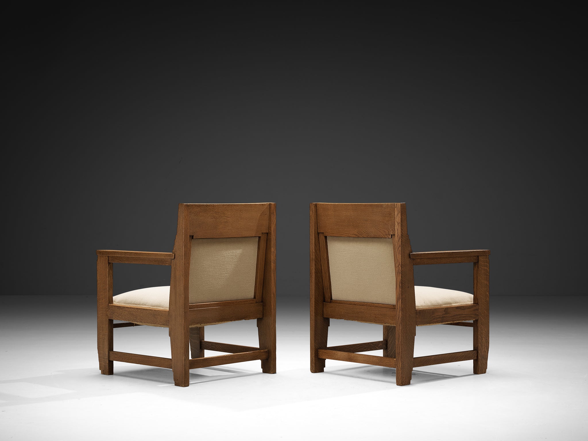 Haagse School Pair of Lounge Chairs in Oak and Beige Fabric