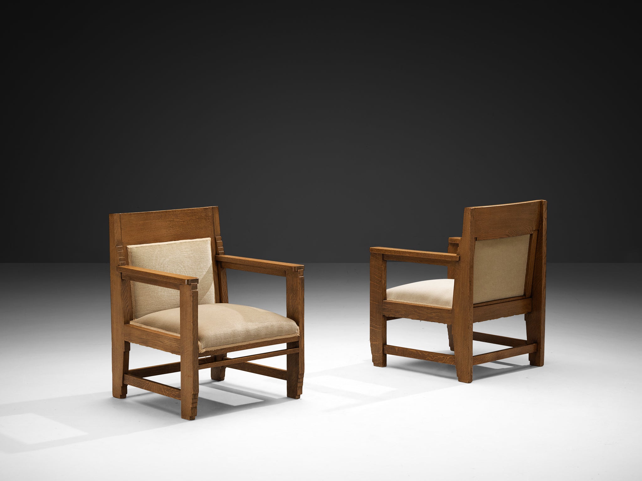 Haagse School Pair of Lounge Chairs in Oak and Beige Fabric