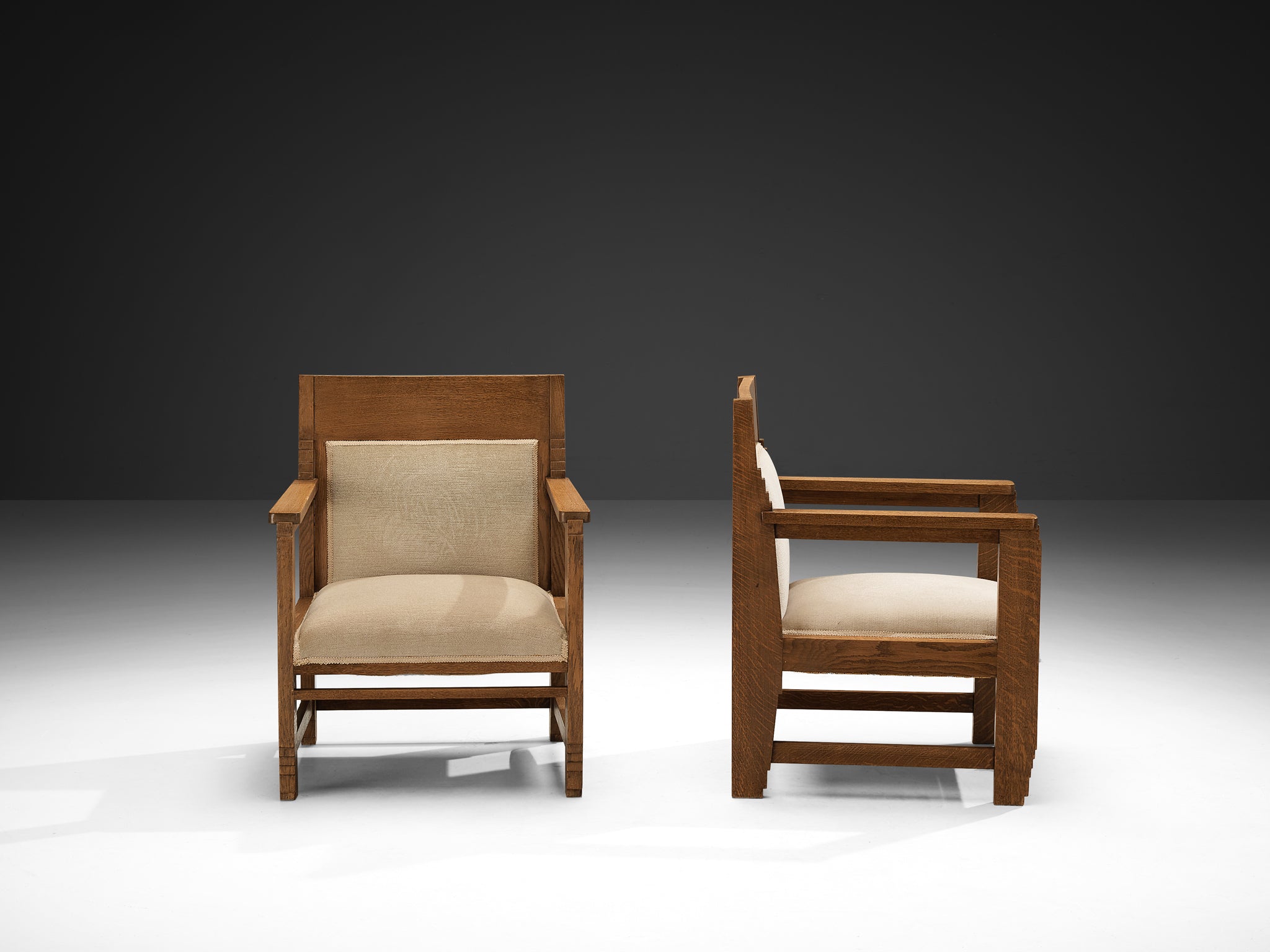 Haagse School Pair of Lounge Chairs in Oak and Beige Fabric