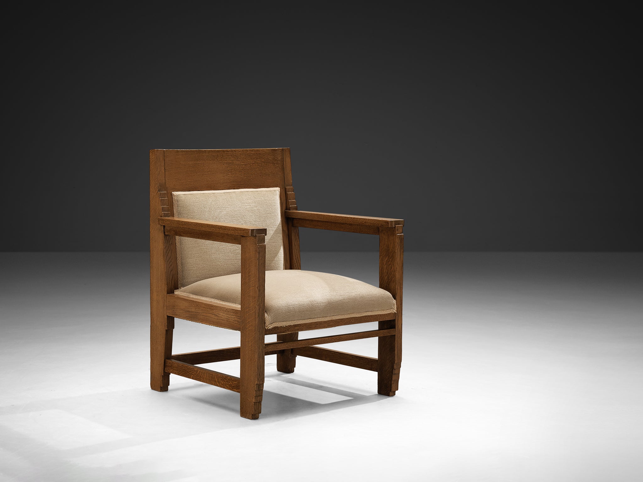 Haagse School Pair of Lounge Chairs in Oak and Beige Fabric