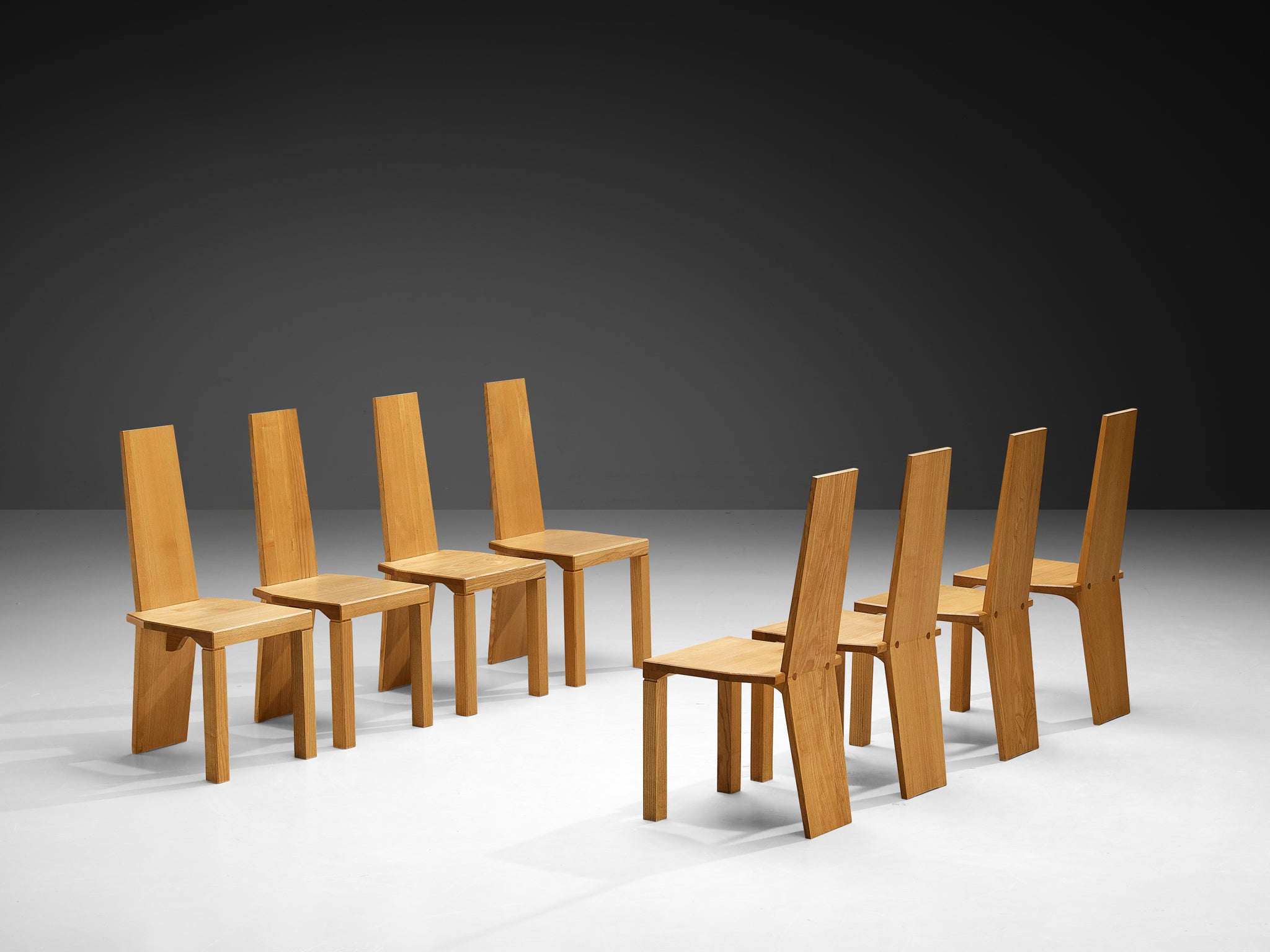 Set of Eight Postmodern Dining Chairs in Solid Ash Wood