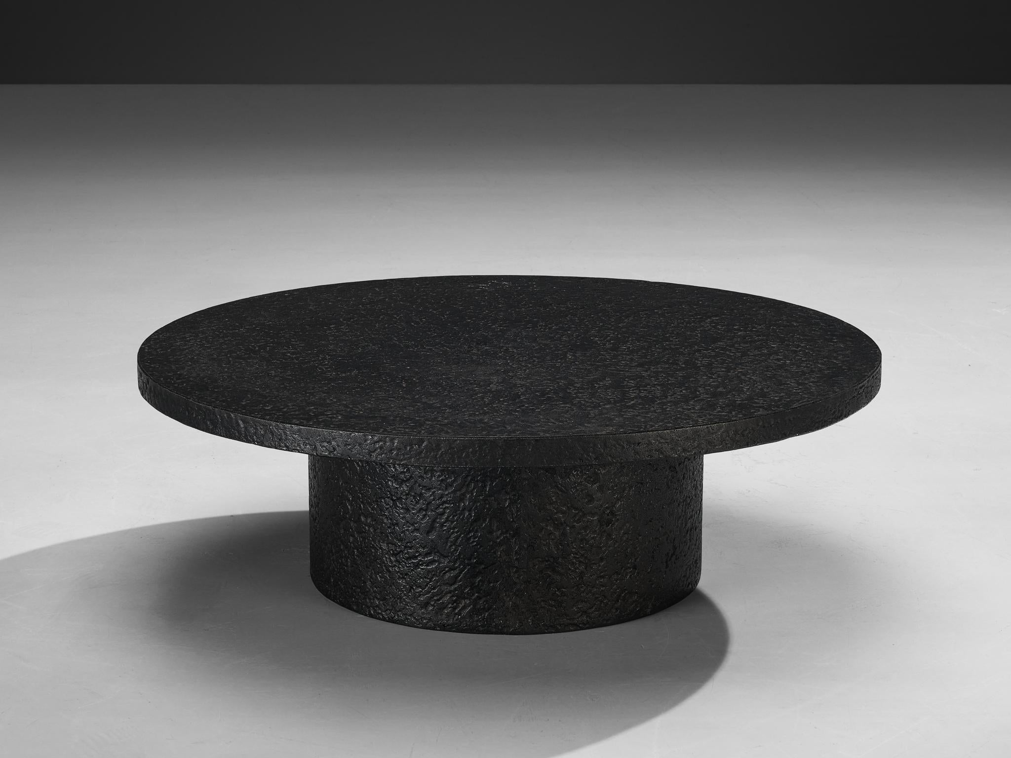 Brutalist Round Coffee Table in Black Stone Look Resin