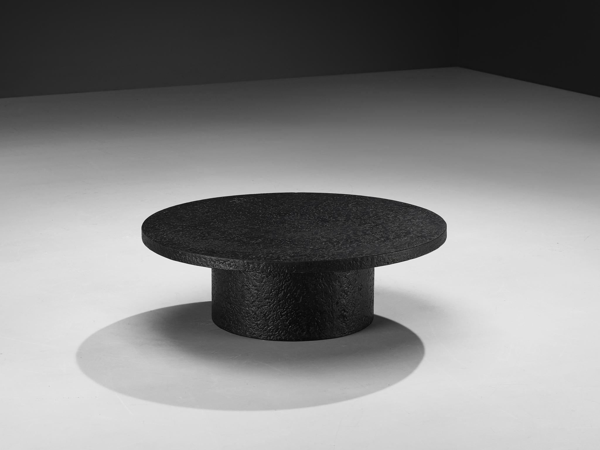 Brutalist Round Coffee Table in Black Stone Look Resin