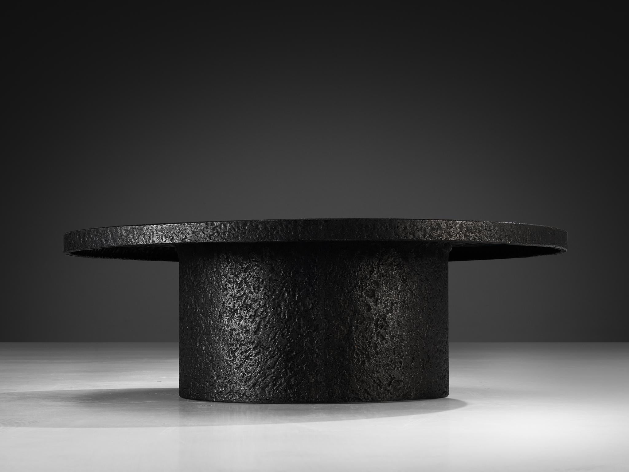 Brutalist Round Coffee Table in Black Stone Look Resin