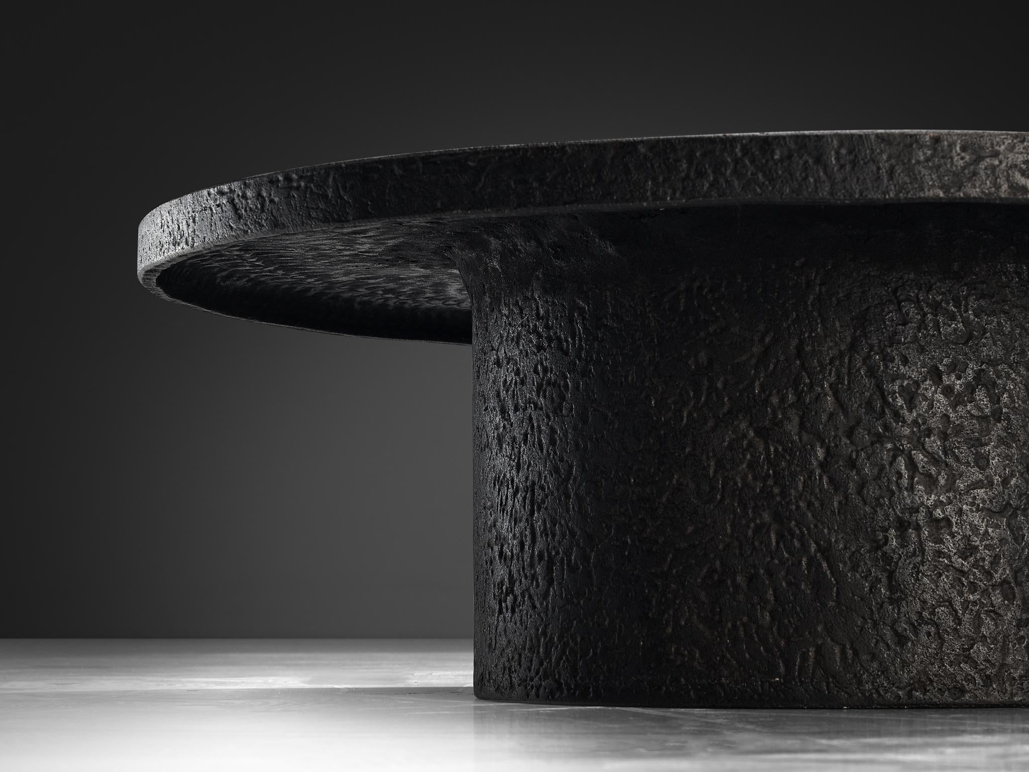 Brutalist Round Coffee Table in Black Stone Look Resin