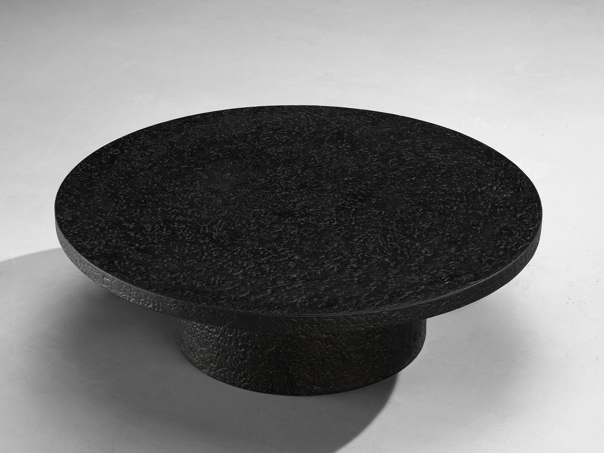 Brutalist Round Coffee Table in Black Stone Look Resin