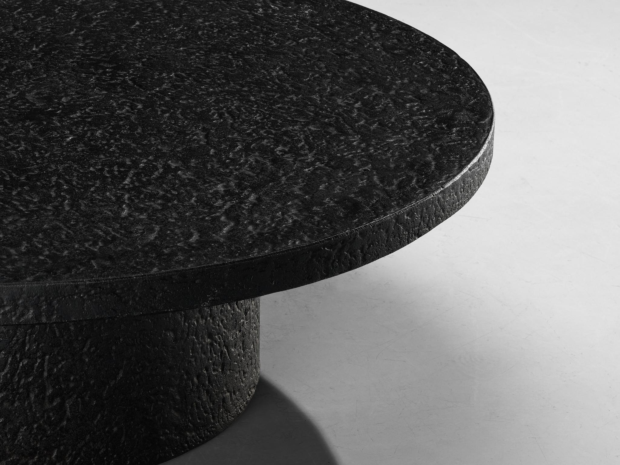 Brutalist Round Coffee Table in Black Stone Look Resin