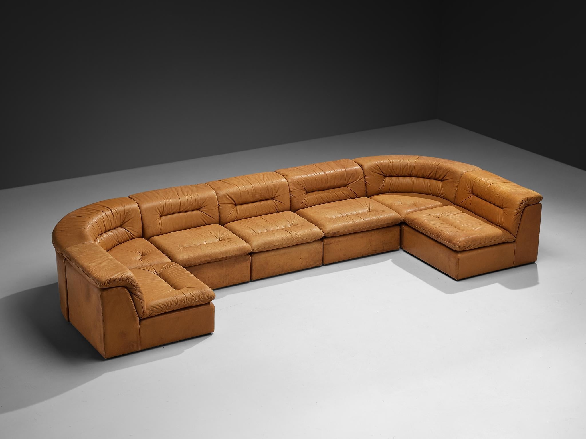 Modular Sofa in Cognac Leather With Tufted Backrests and Seats