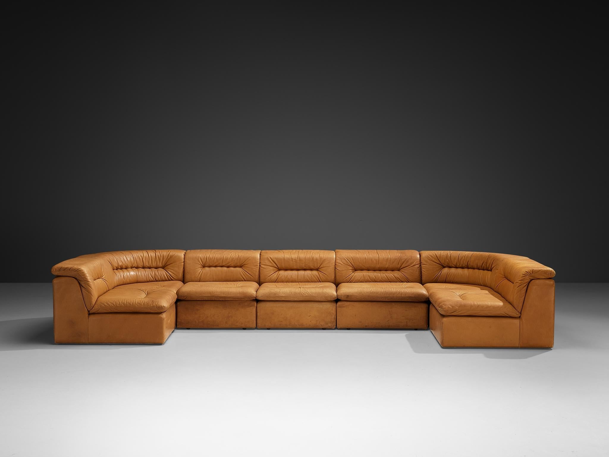 Modular Sofa in Cognac Leather With Tufted Backrests and Seats