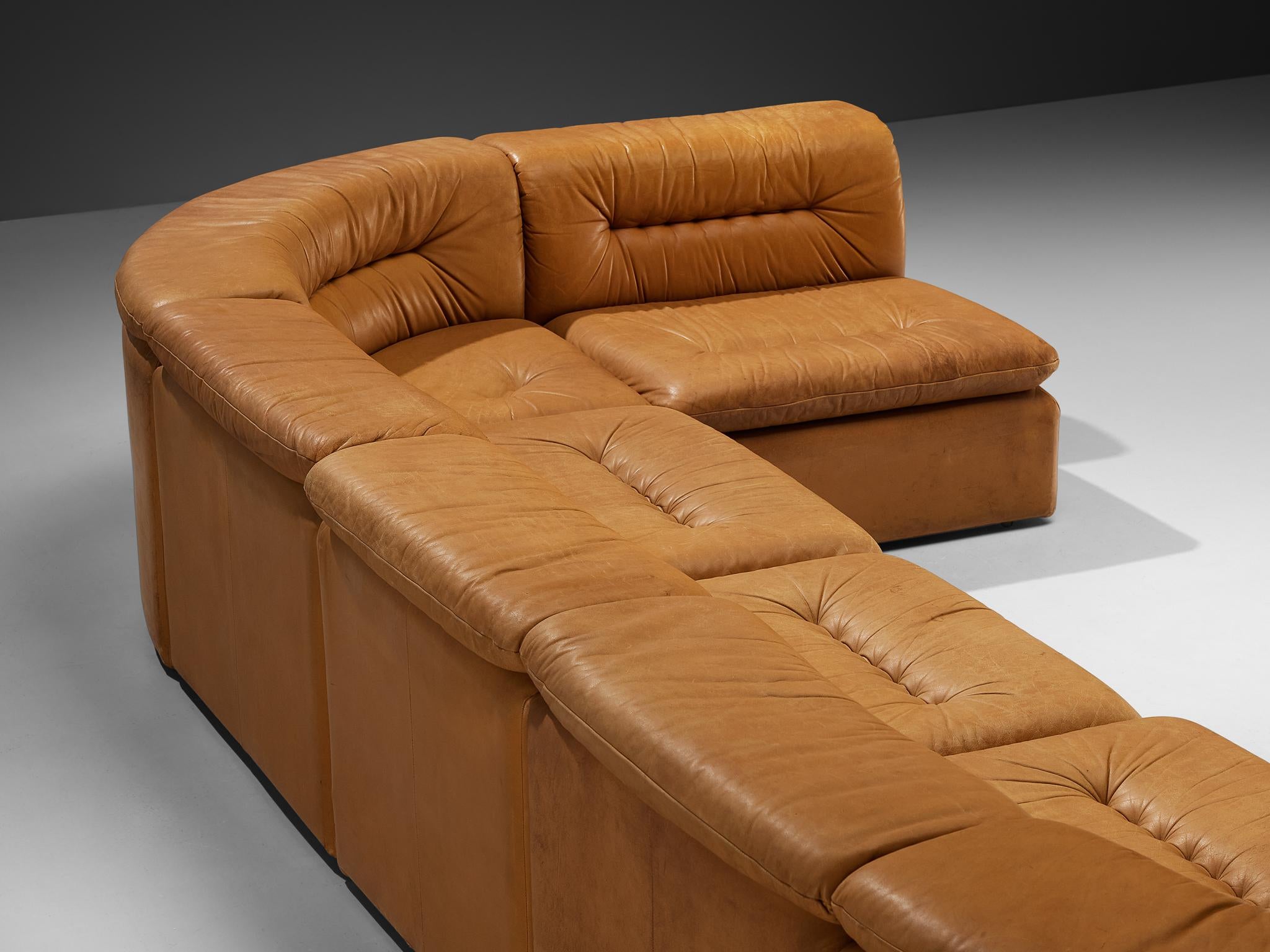 Modular Sofa in Cognac Leather With Tufted Backrests and Seats