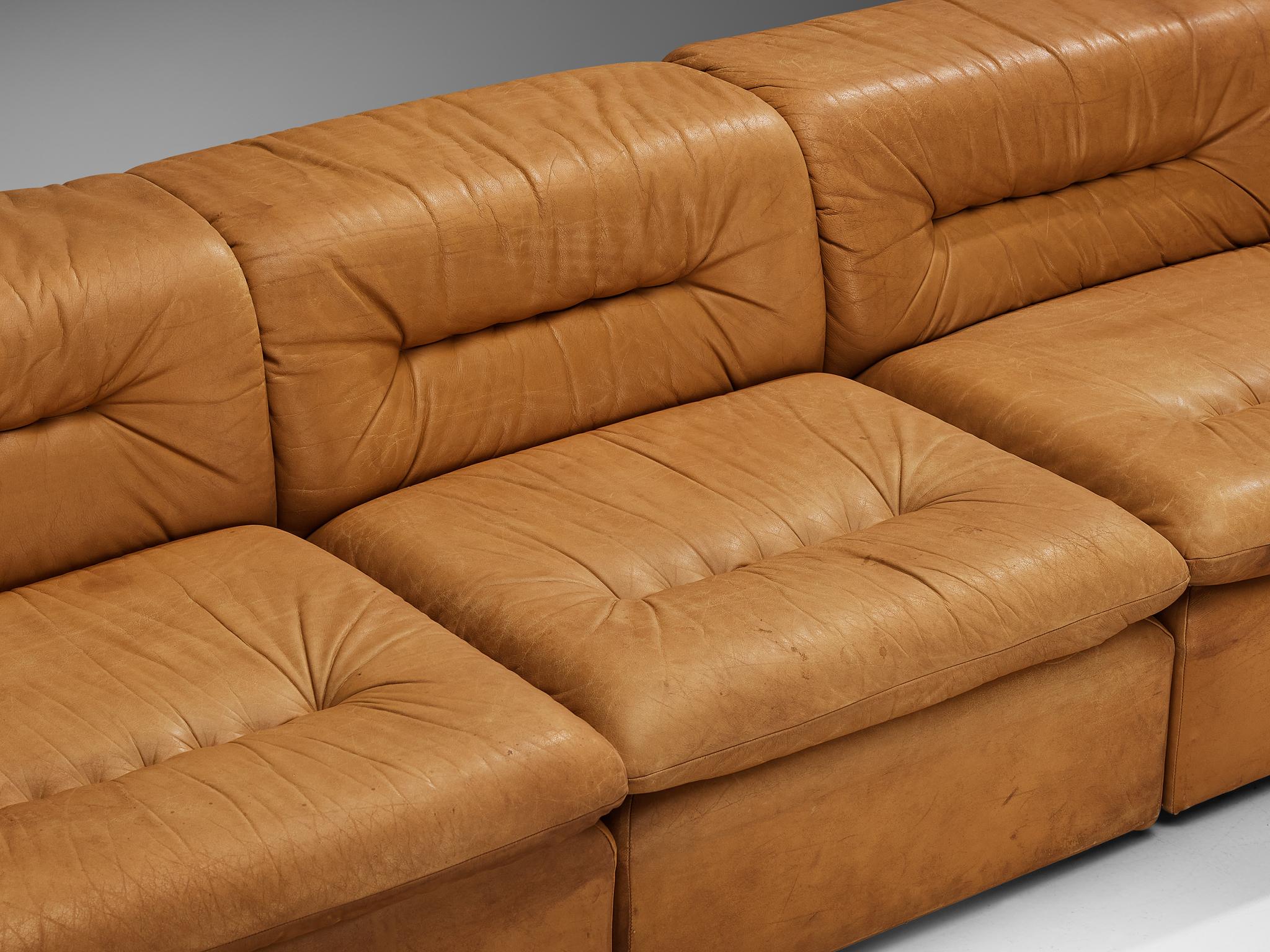 Modular Sofa in Cognac Leather With Tufted Backrests and Seats