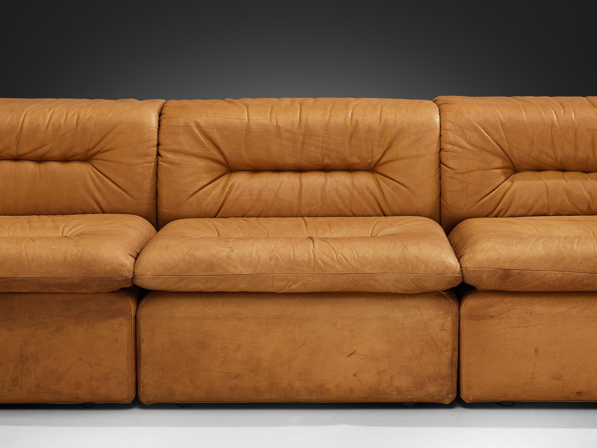 Modular Sofa in Cognac Leather With Tufted Backrests and Seats