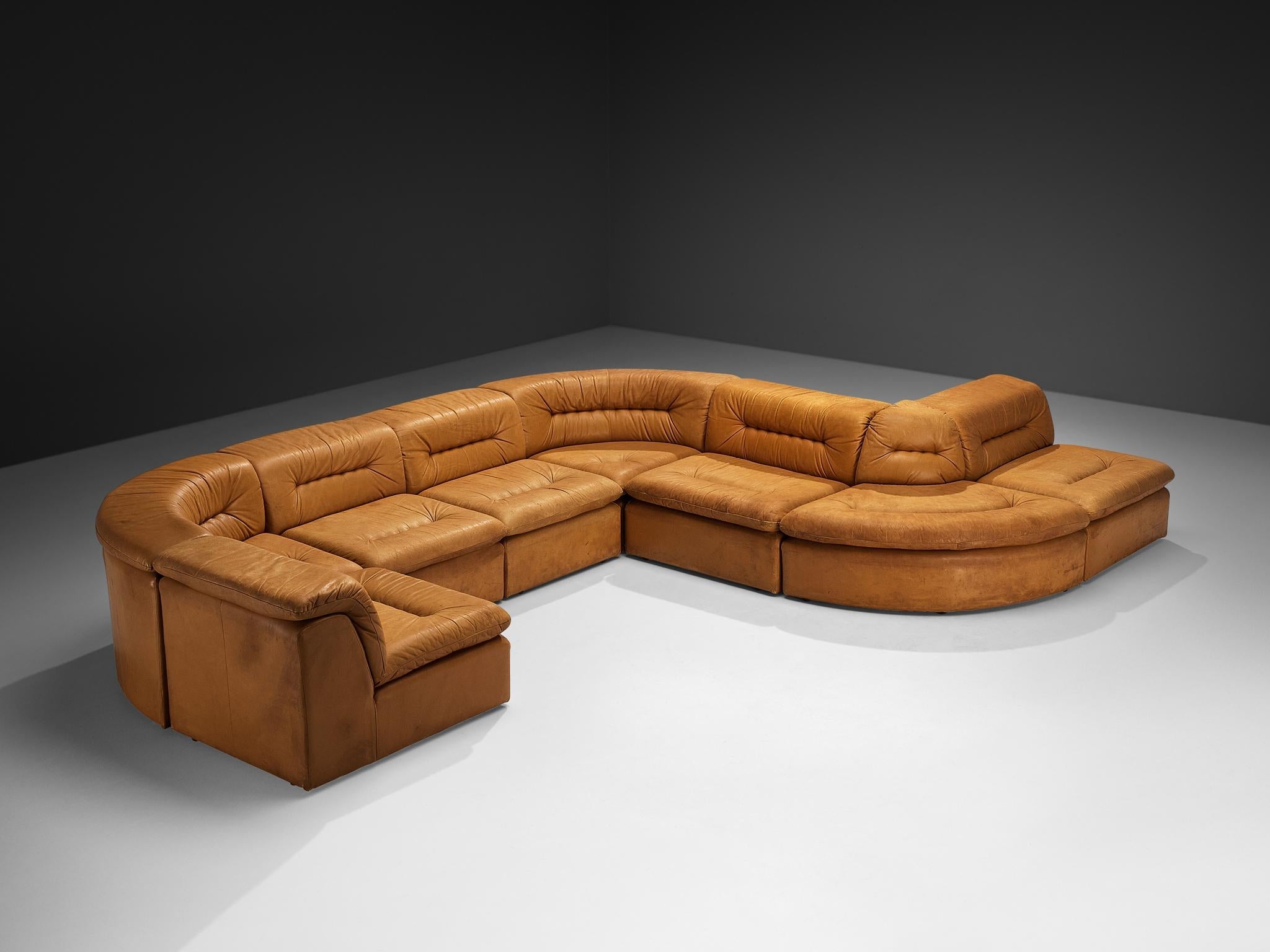 Modular Sofa in Cognac Leather With Tufted Backrests and Seats