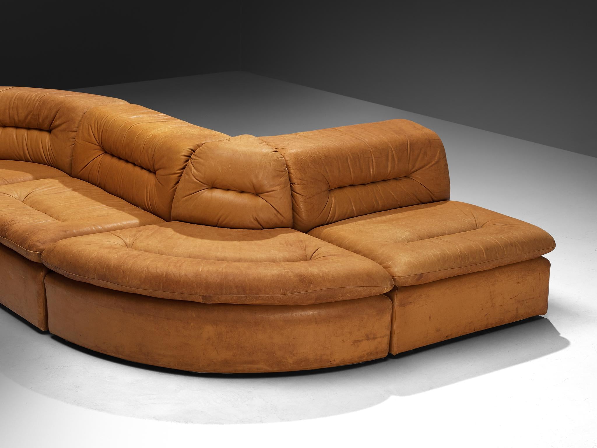 Modular Sofa in Cognac Leather With Tufted Backrests and Seats