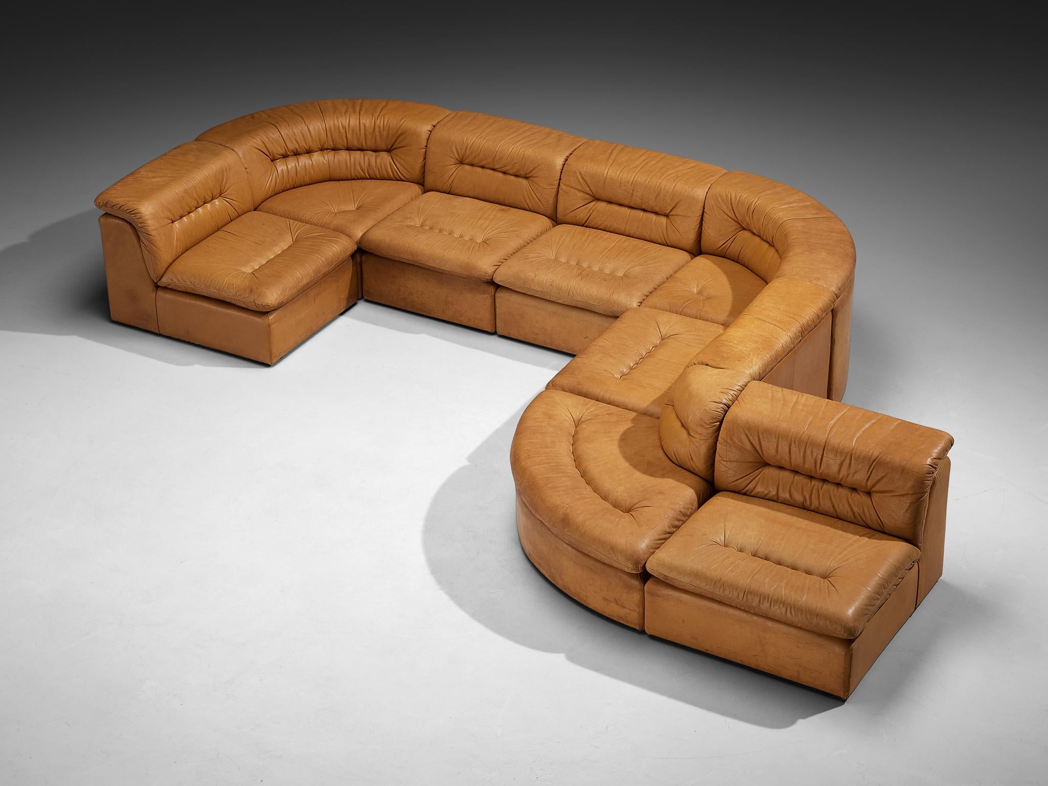 Modular Sofa in Cognac Leather With Tufted Backrests and Seats