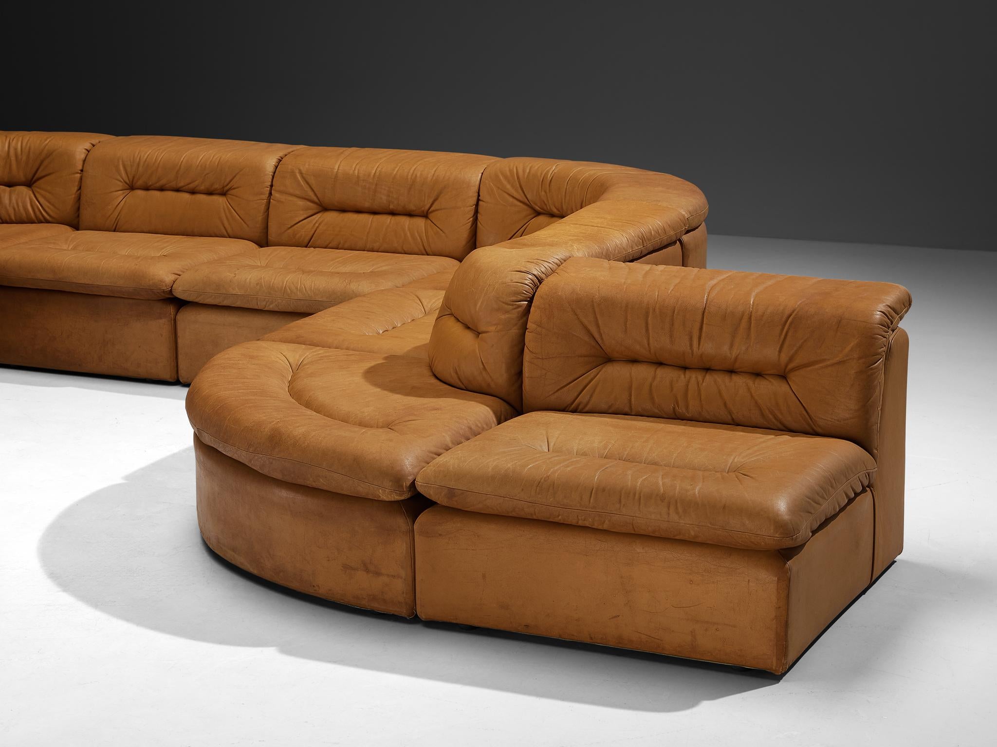 Modular Sofa in Cognac Leather With Tufted Backrests and Seats