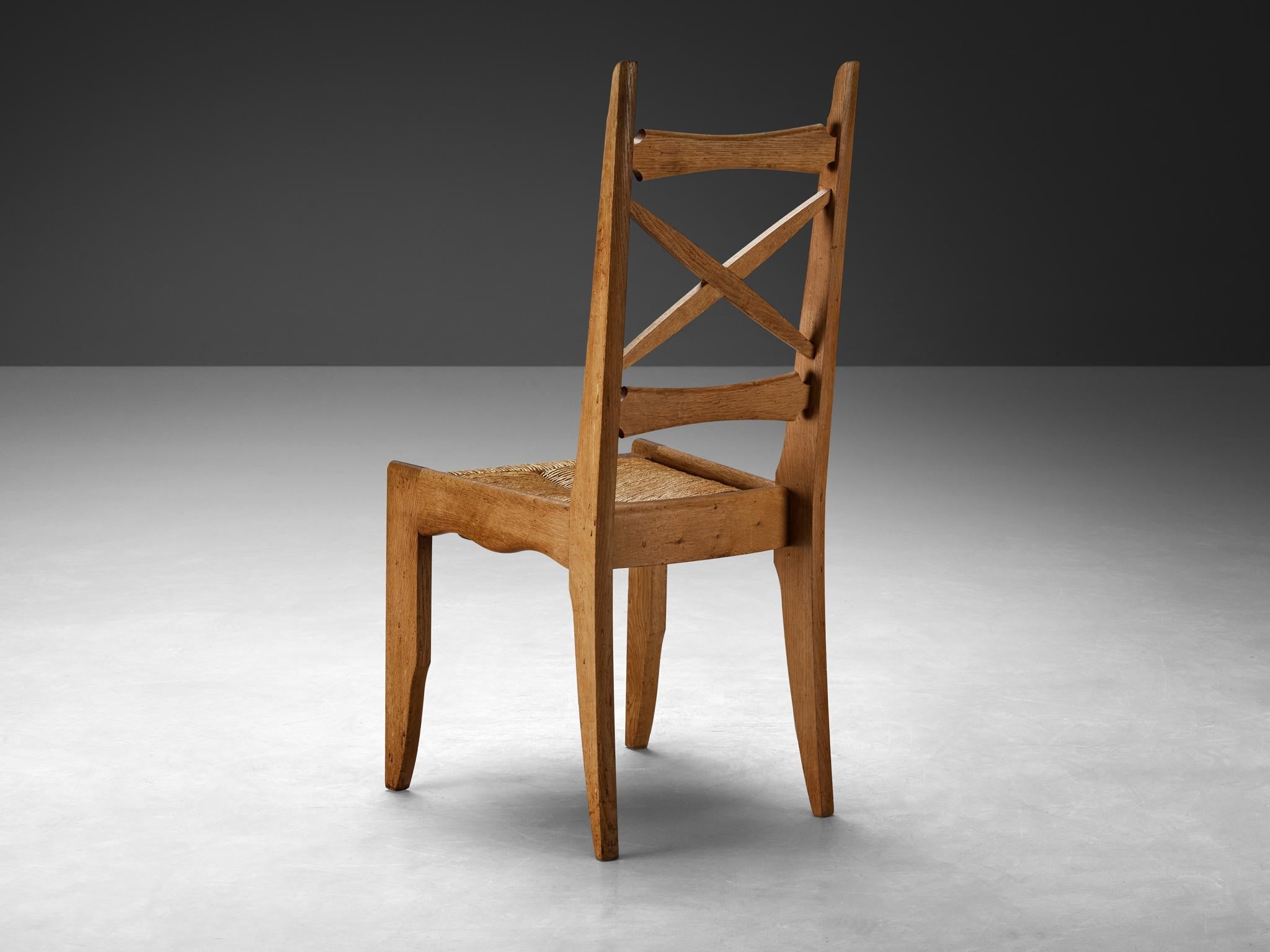 Guillerme & Chambron Set of Six Dining Chairs in Oak and Straw