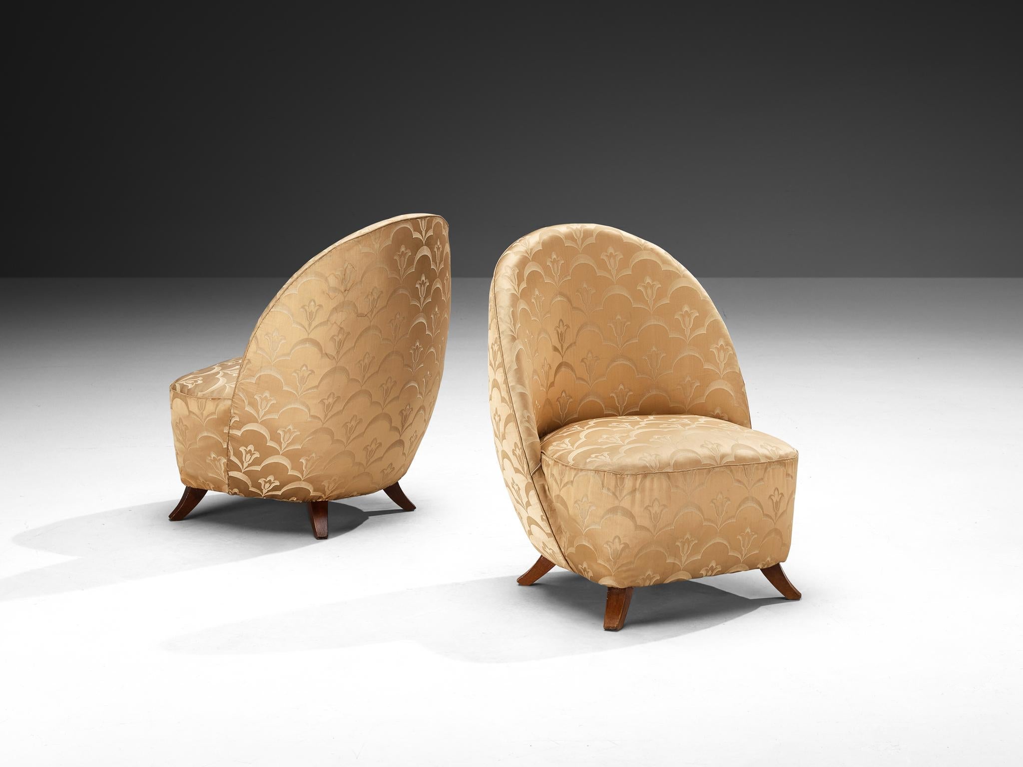 Italian Pair of Sculptural Lounge Chairs in Golden Damask Upholstery