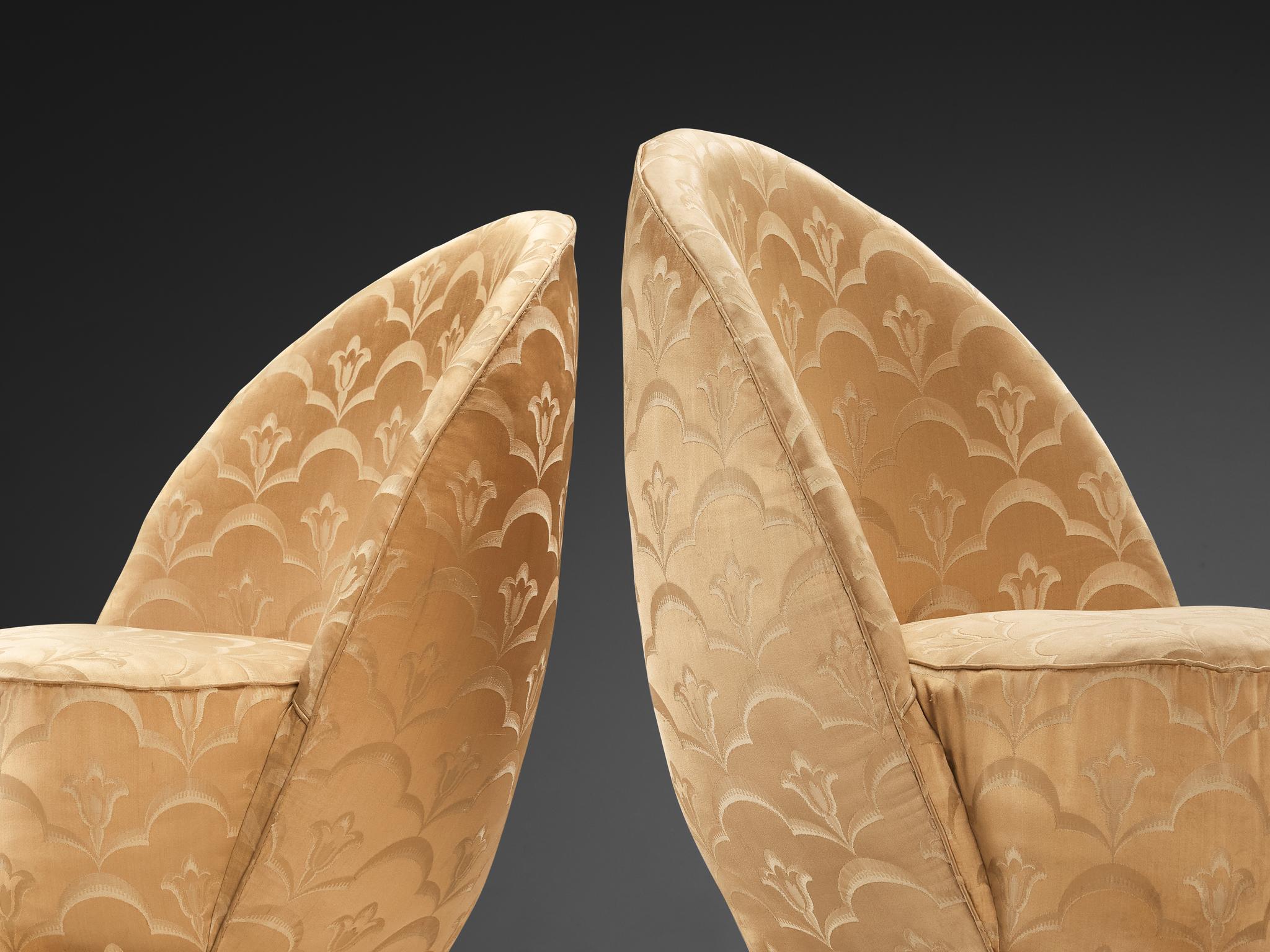 Italian Pair of Sculptural Lounge Chairs in Golden Damask Upholstery