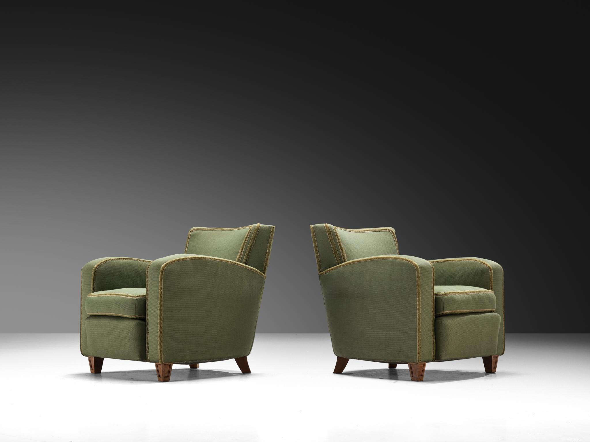 1940s Pair of Italian Lounge Chairs in Muted Green Upholstery and Walnut