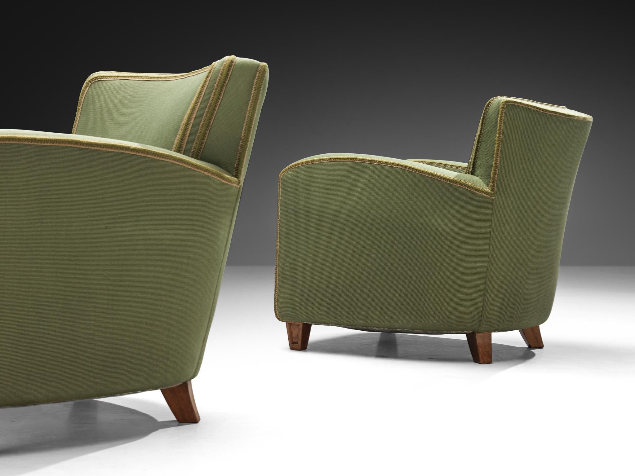 1940s Pair of Italian Lounge Chairs in Muted Green Upholstery and Walnut