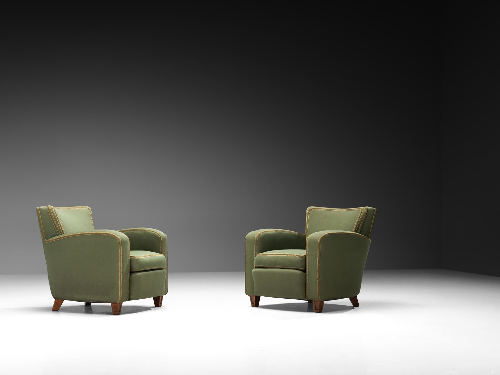 1940s Pair of Italian Lounge Chairs in Muted Green Upholstery and Walnut