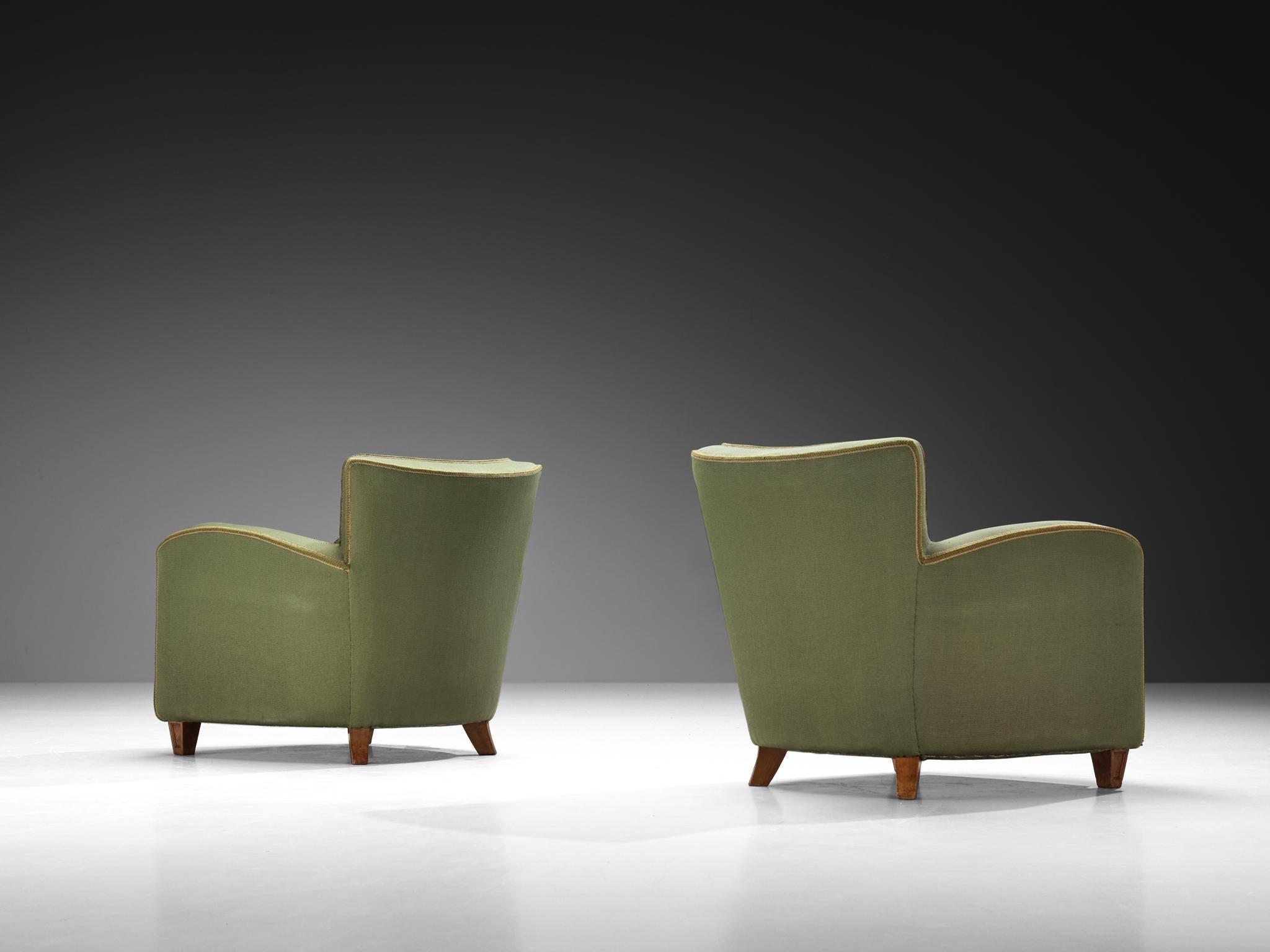 1940s Pair of Italian Lounge Chairs in Muted Green Upholstery and Walnut