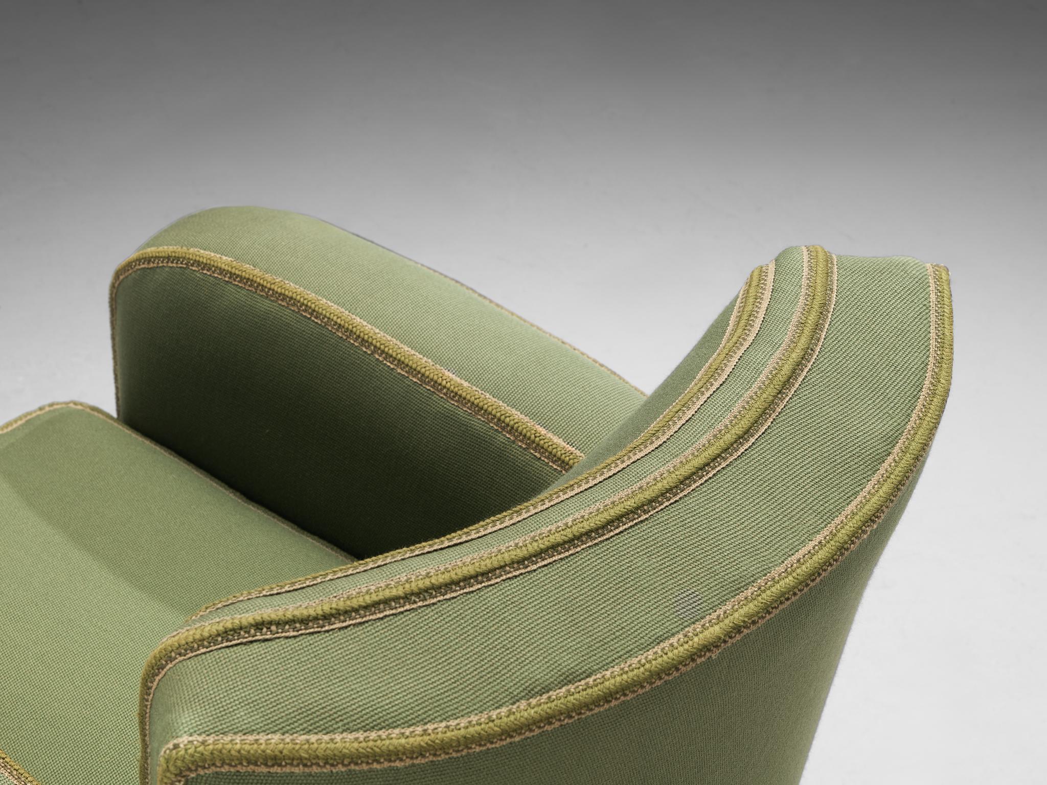 1940s Pair of Italian Lounge Chairs in Muted Green Upholstery and Walnut