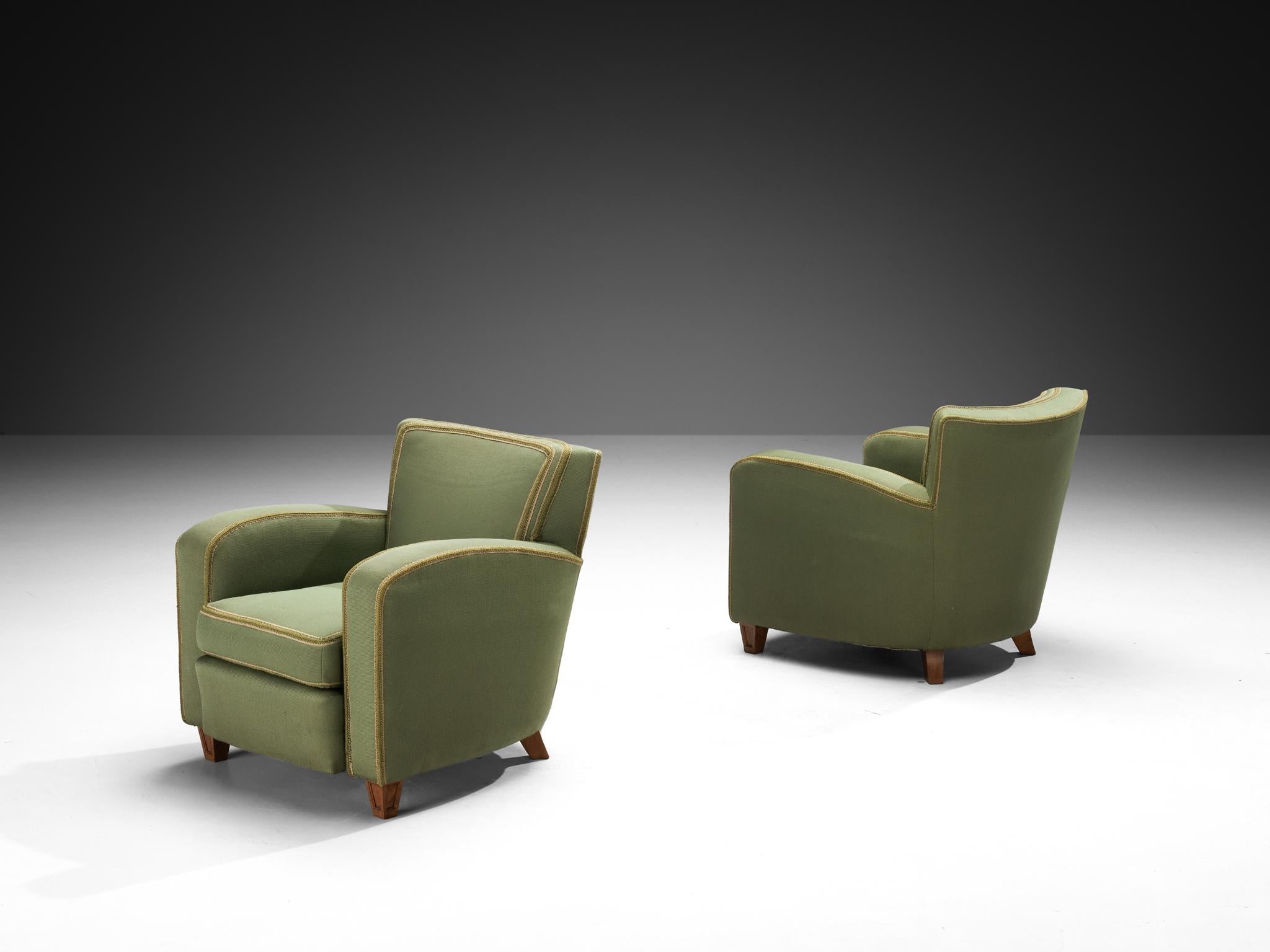 1940s Pair of Italian Lounge Chairs in Muted Green Upholstery and Walnut