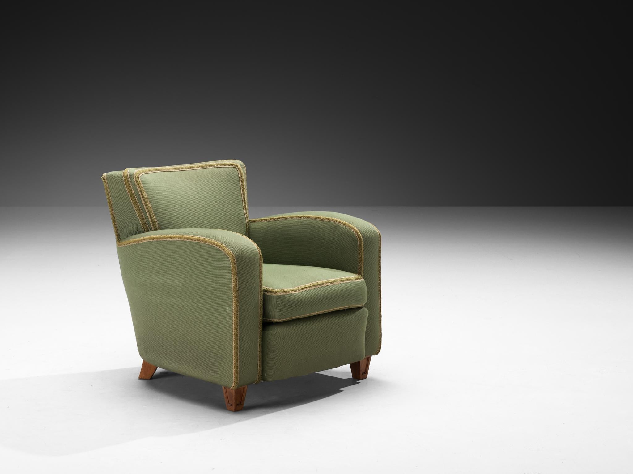 1940s Pair of Italian Lounge Chairs in Muted Green Upholstery and Walnut