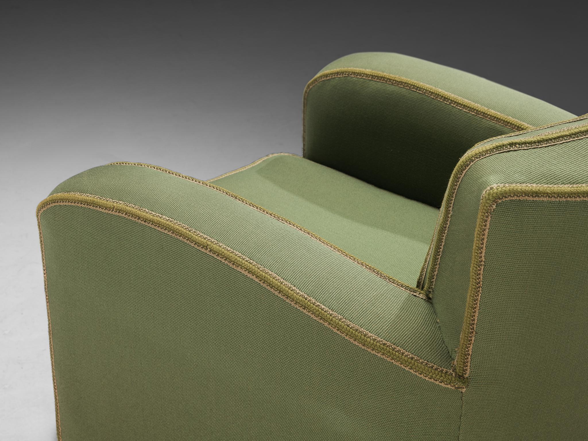 1940s Pair of Italian Lounge Chairs in Muted Green Upholstery and Walnut